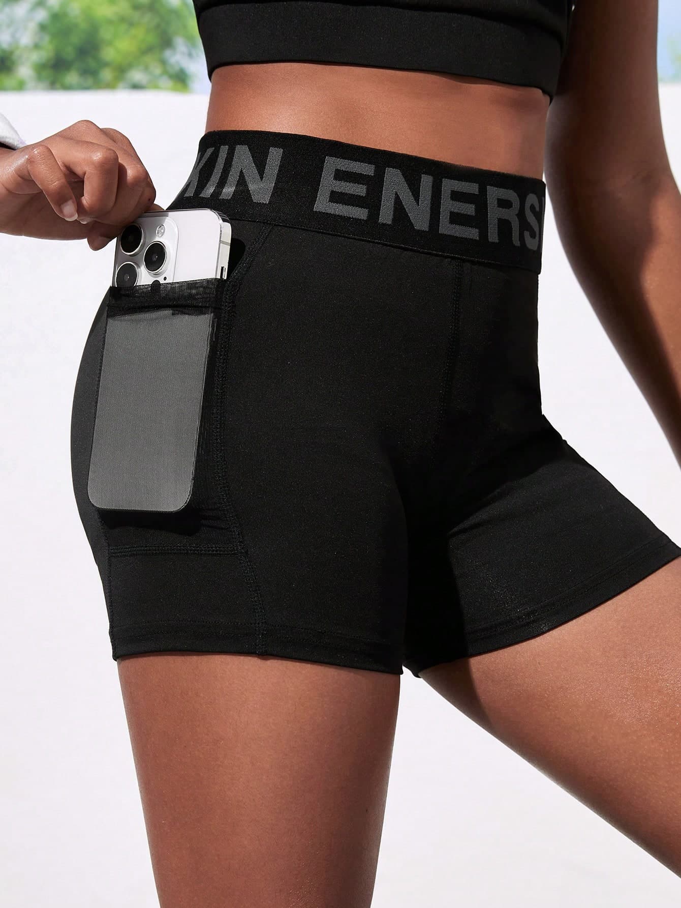 SHEIN Tween Girl Letter Waistband Elastic Soft Sports Shorts For Yoga, Cycling, Running, Black, Teens