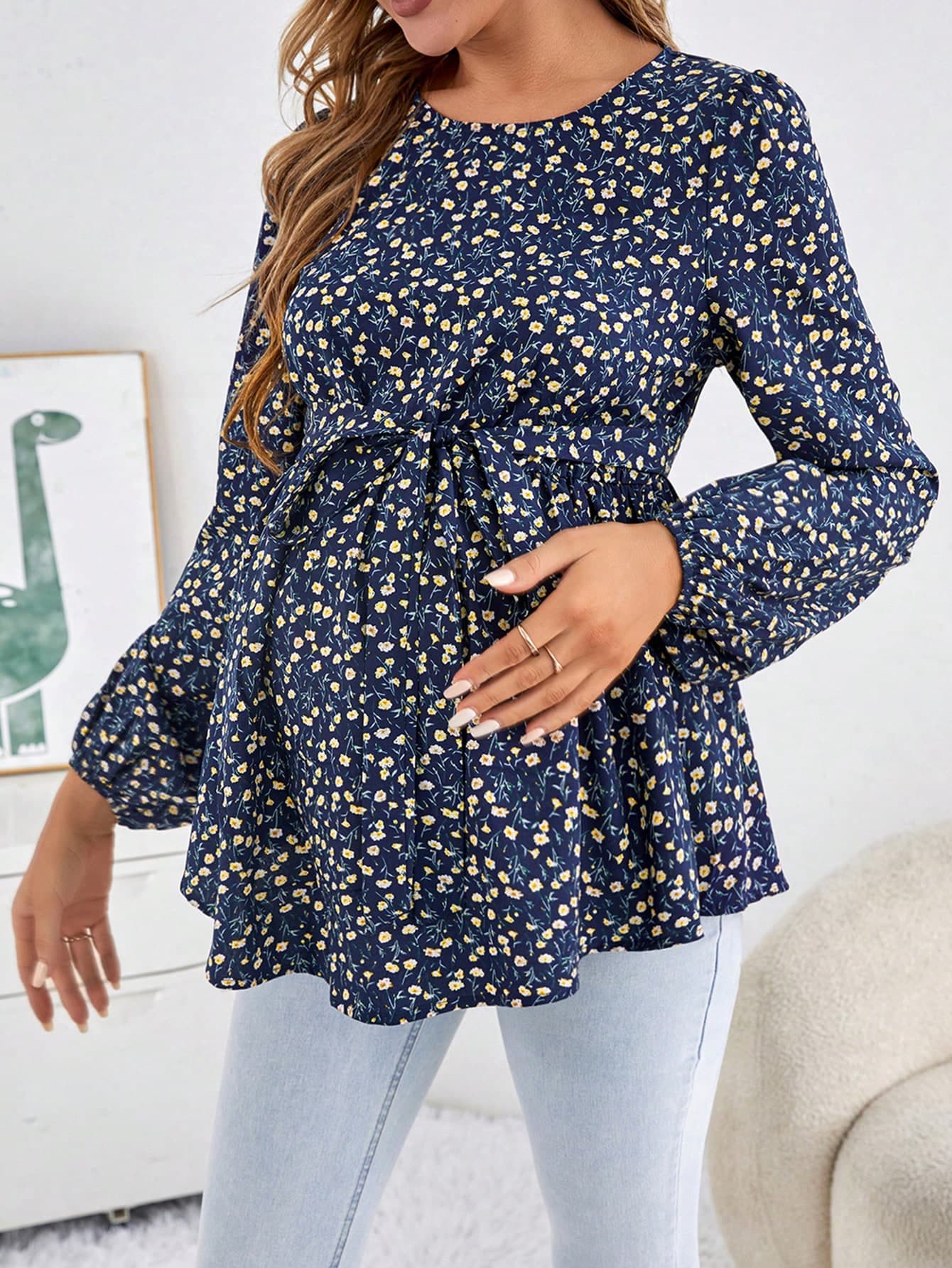 SHEIN Maternity Lantern Sleeves Belted Blouse With Floral Print Fall