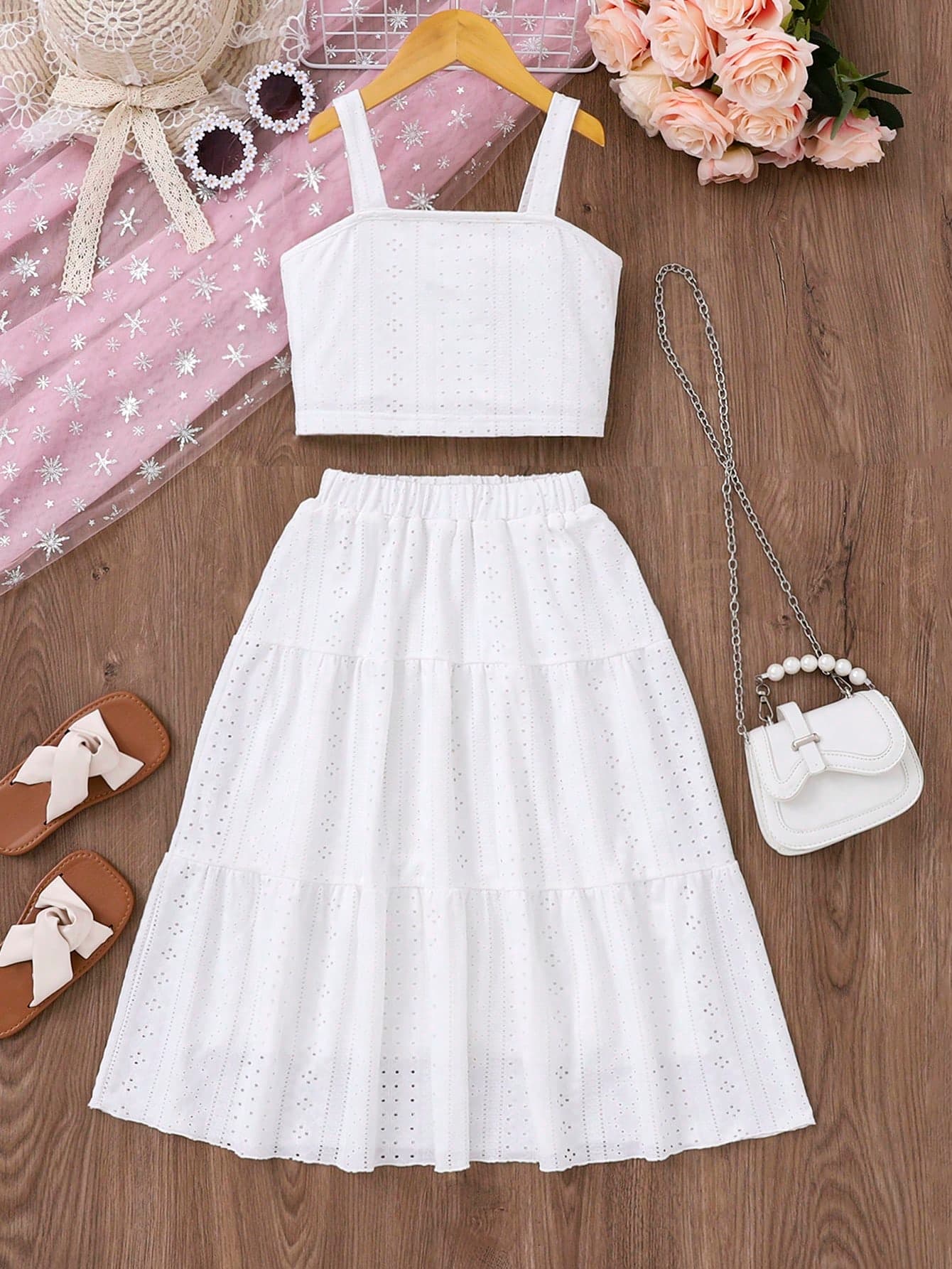 SHEIN Young Girls' Knitted Jacquard White Camisole Top And Ruffled Hem Skirt Two Piece Set, School, Campus, College Summer Holiday