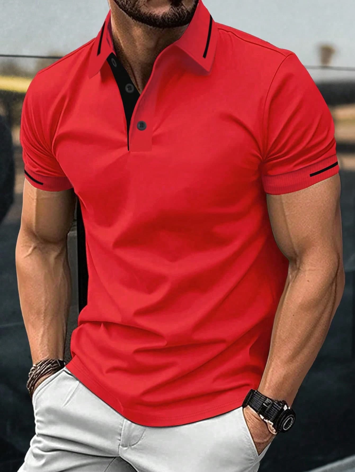 Manfinity Homme Men's Short-Sleeved Polo Shirt In Color Block Design, Red Summer, Formal