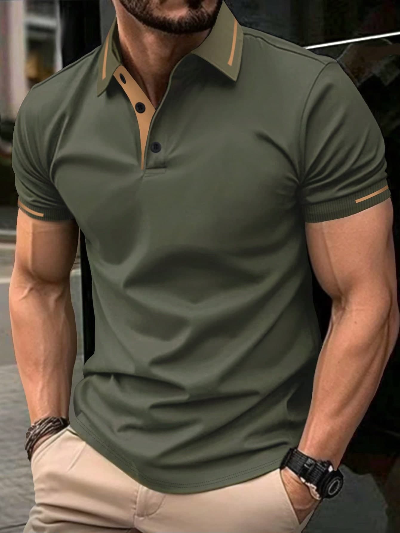 Manfinity Homme Men's Contrast Color Short Sleeve Polo Shirt With Decorative Details, Formal