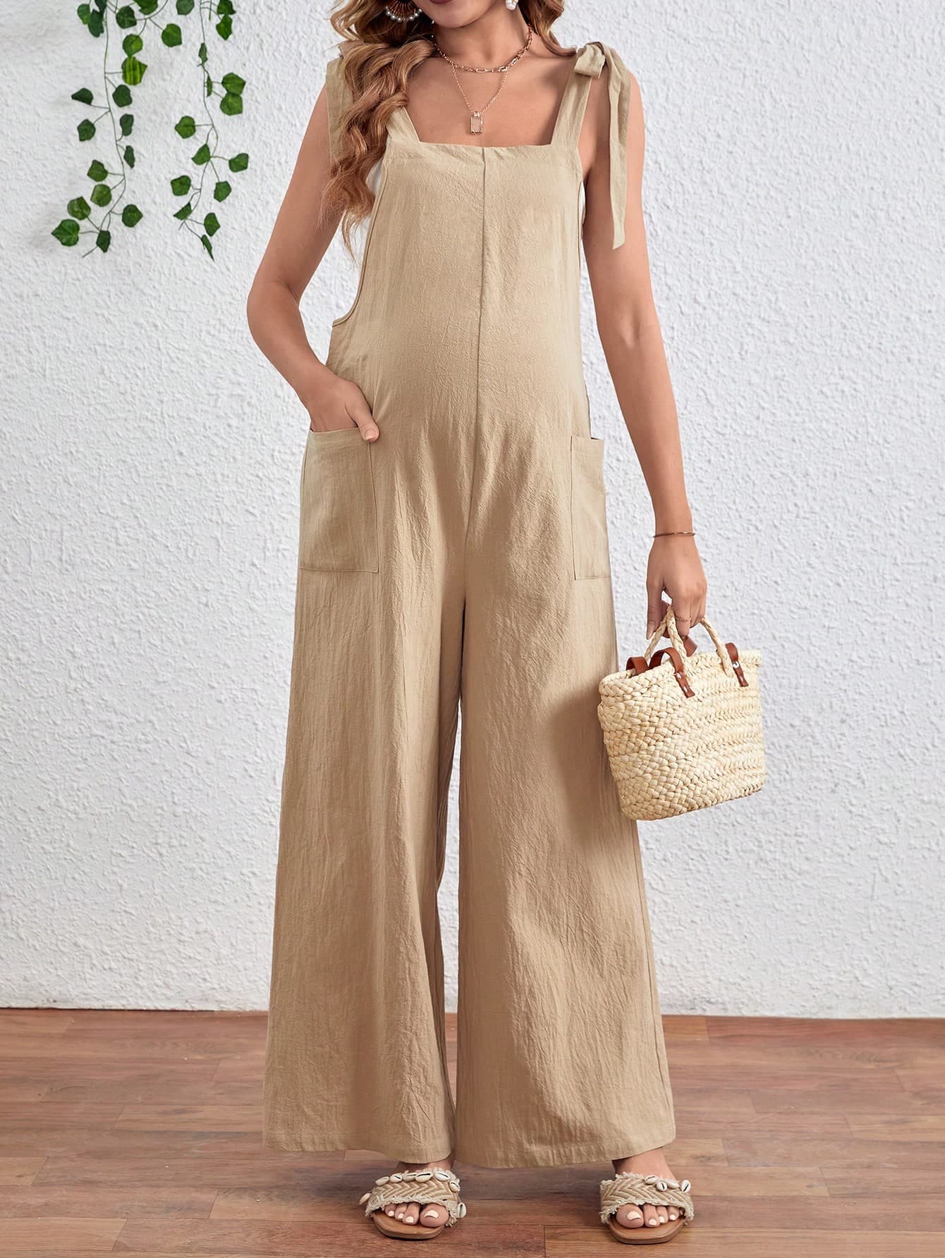 SHEIN Maternity Pocket Front Knot Shoulder Strap Jumpsuit Fall