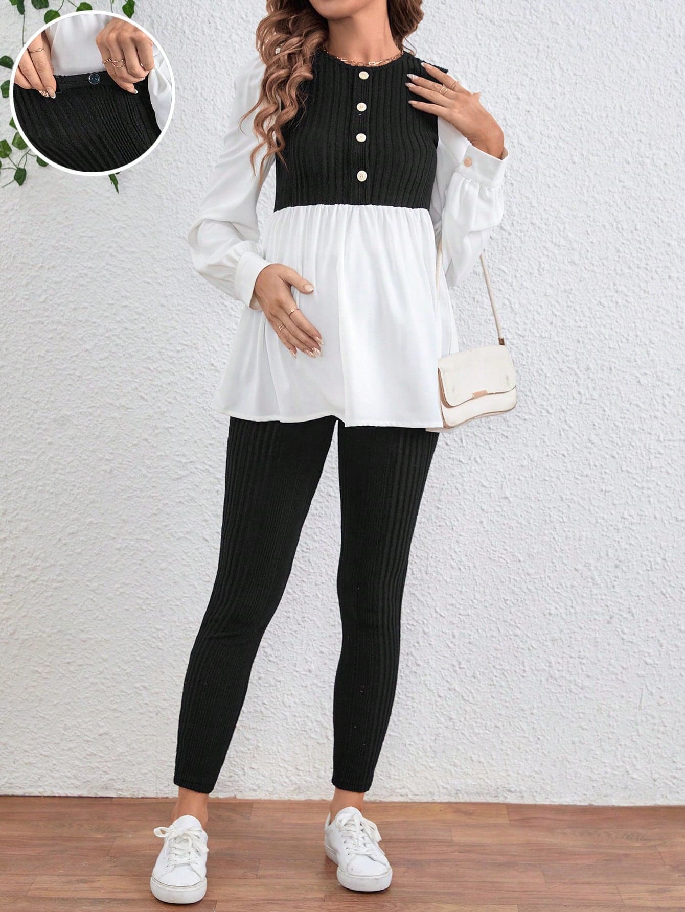 SHEIN Maternity Colorblock Round Neck Long Sleeve Top And Pants Two Pieces Set Fall