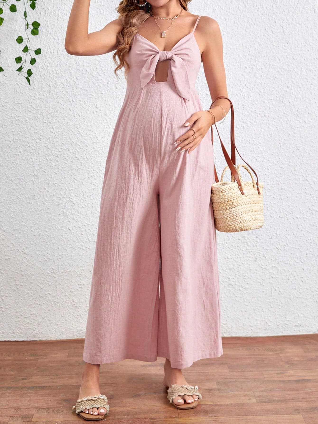 SHEIN Maternity Front Tie & Hollow Out Wide Leg Jumpsuit With Spaghetti Straps