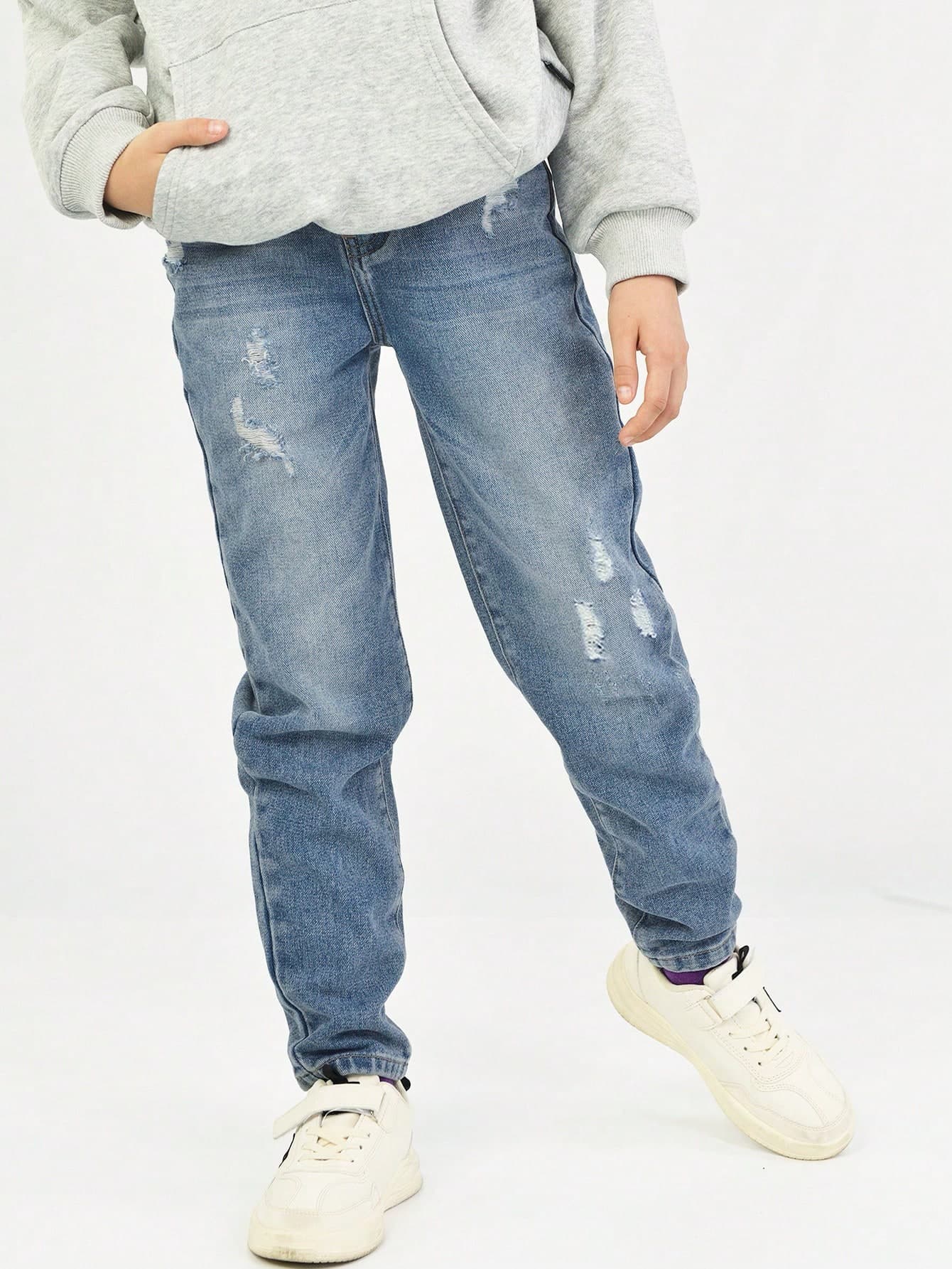 SHEIN Tween Boy Ripped Washed Tapered Jeans, School, Campus, College Chic Autumn/Winter