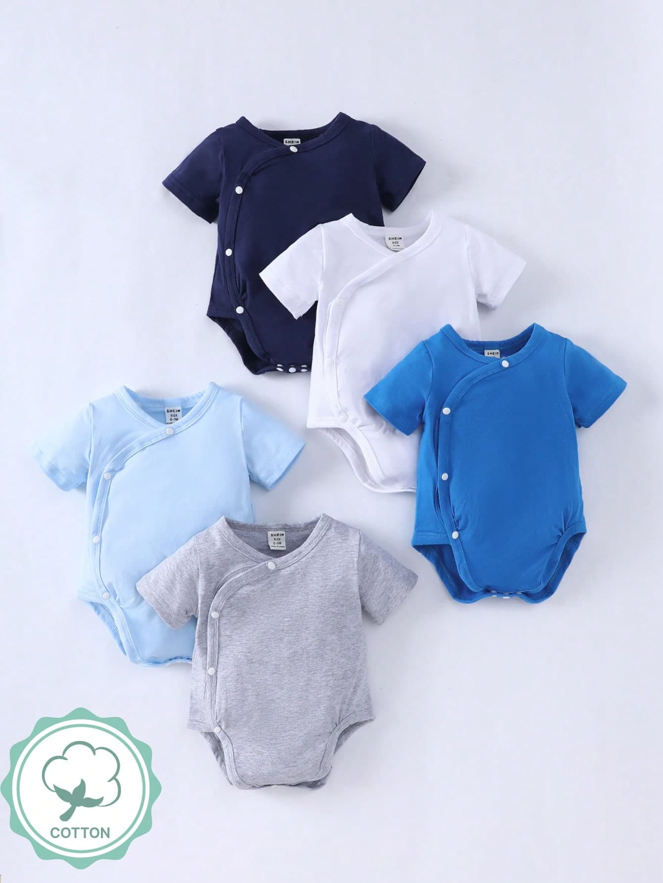 SHEIN Playful Pals 5pcs/Set Infant Baby Boys' Soft Knit Bodysuit Navy Blue Summer Casual Family Matching Round Neck Snap-Up Short Sleeve Multi-Color Outfit