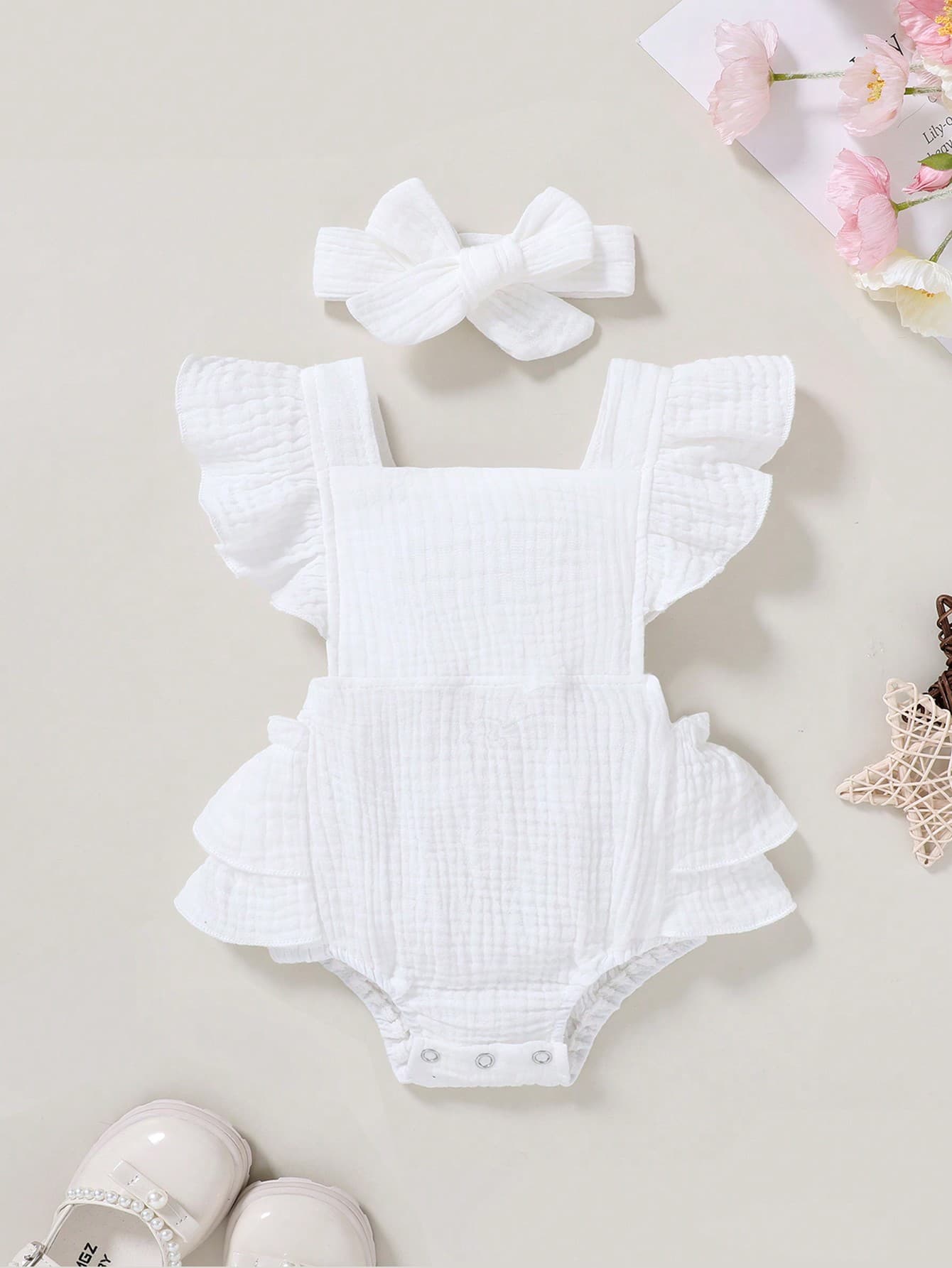 2pcs Set Casual Elegant Sweet Cute Baby Girl Bodysuit Dress, Soft & Comfortable, Ruffle Trim Solid Color Bodysuit & Headband Set