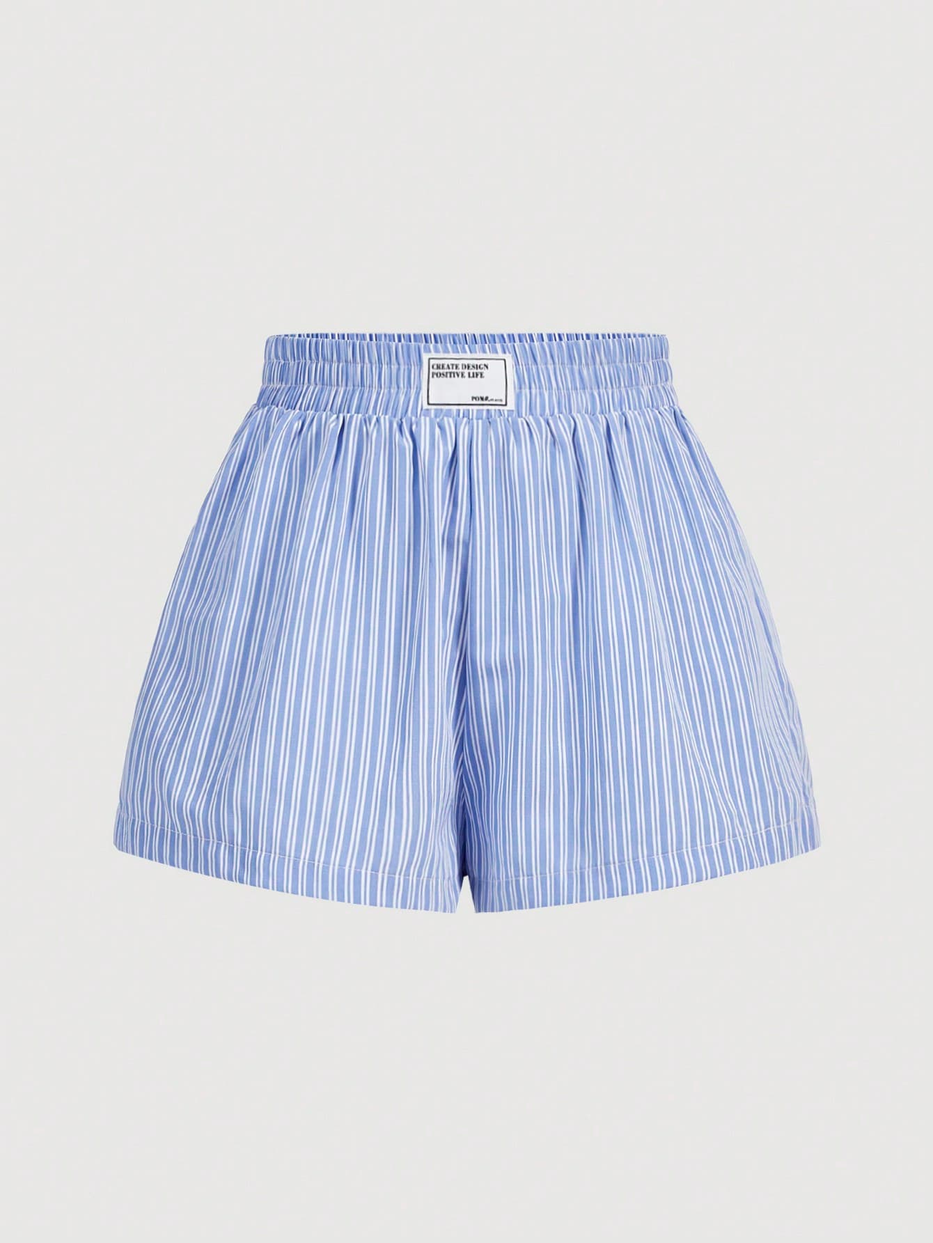 SHEIN MOD Women's Blue & White Striped High Waist Alphabet Embroidery Detail Elastic Waist Shorts