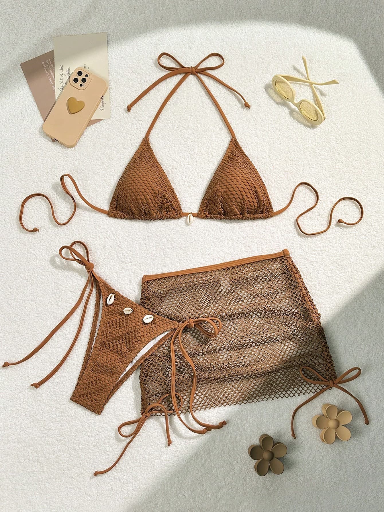 Swim Mod Swimsuits For Woman Shell Decor Halter Bra & Swim Bottom & Cover Up Skirt Bikini Set, Summer Beach Bathing Suit