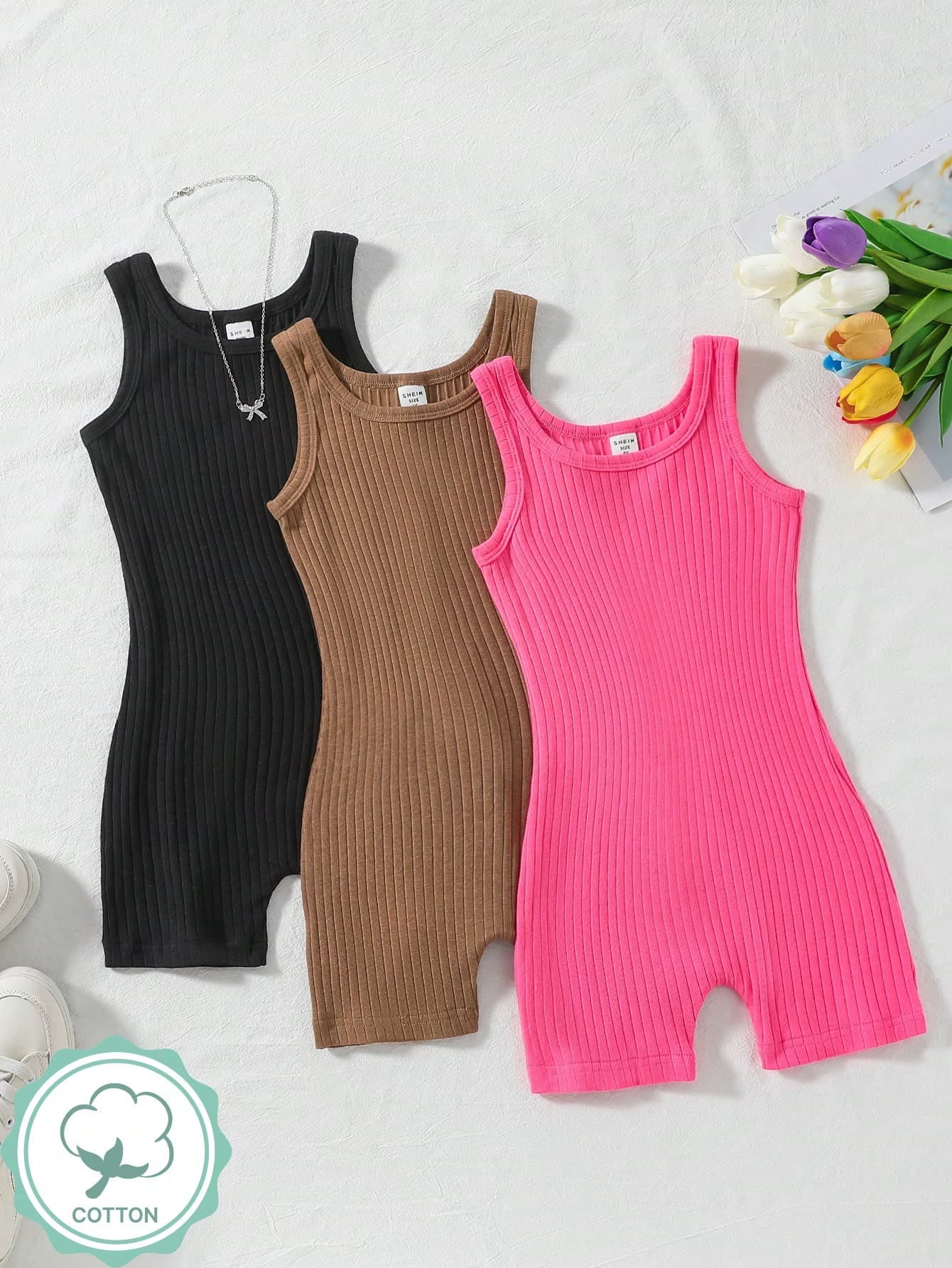 SHEIN 3pcs/Set Girls Ribbed Sleeveless Romper,Cerise Pink,Summer All-Match Versatile Jumpsuits In Black,Khaki,Rosy For Young Girl Casual