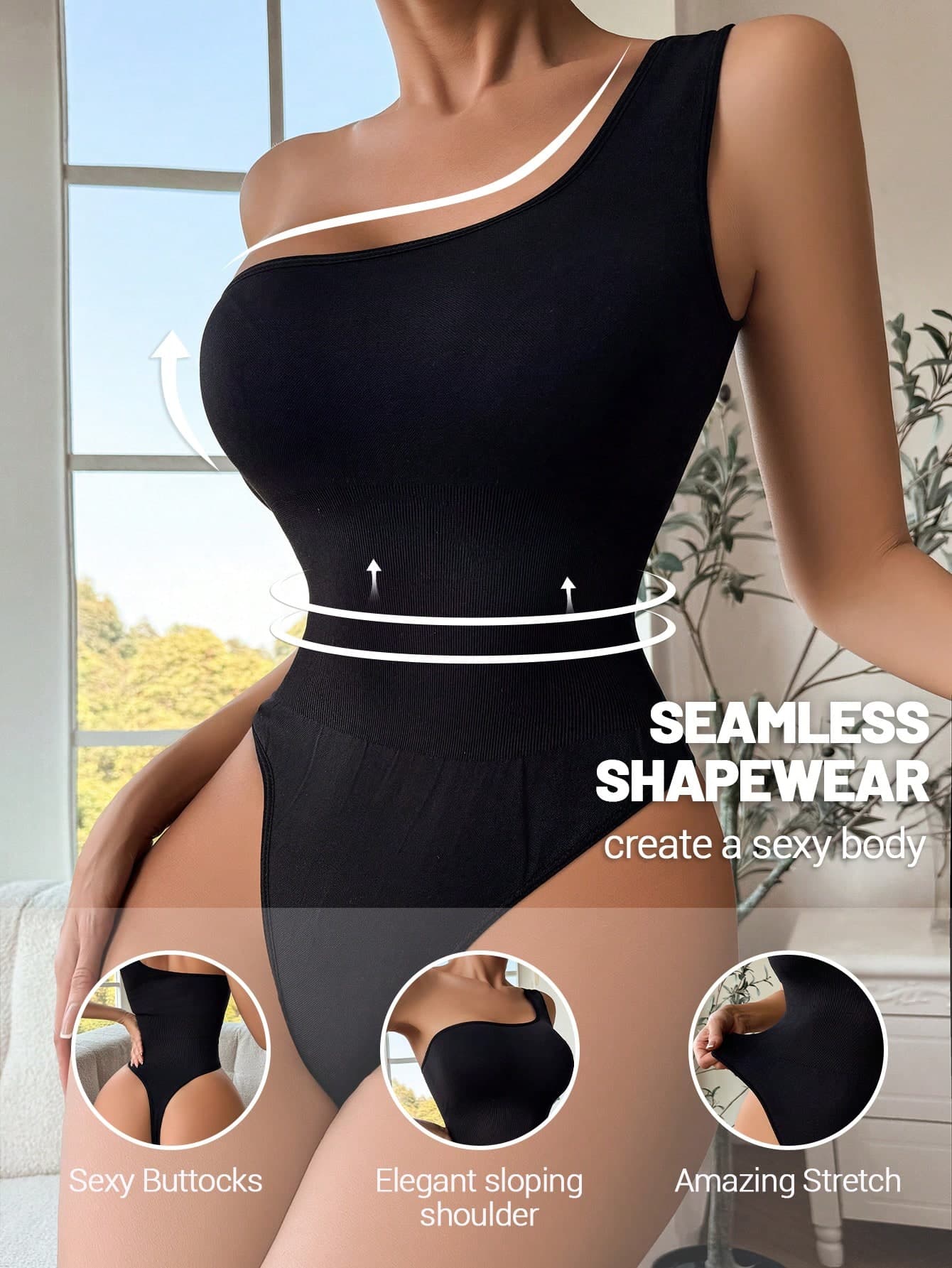 SHEIN Women's Seamless One Shoulder One Piece Bodysuit Shapewear, Sleeveless Solid Color Bodycon, Single Pack