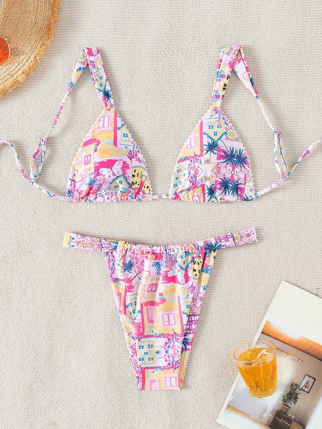 Swim Mod Summer Beach Women's Coconut Tree & Fruit Printed Bikini Set