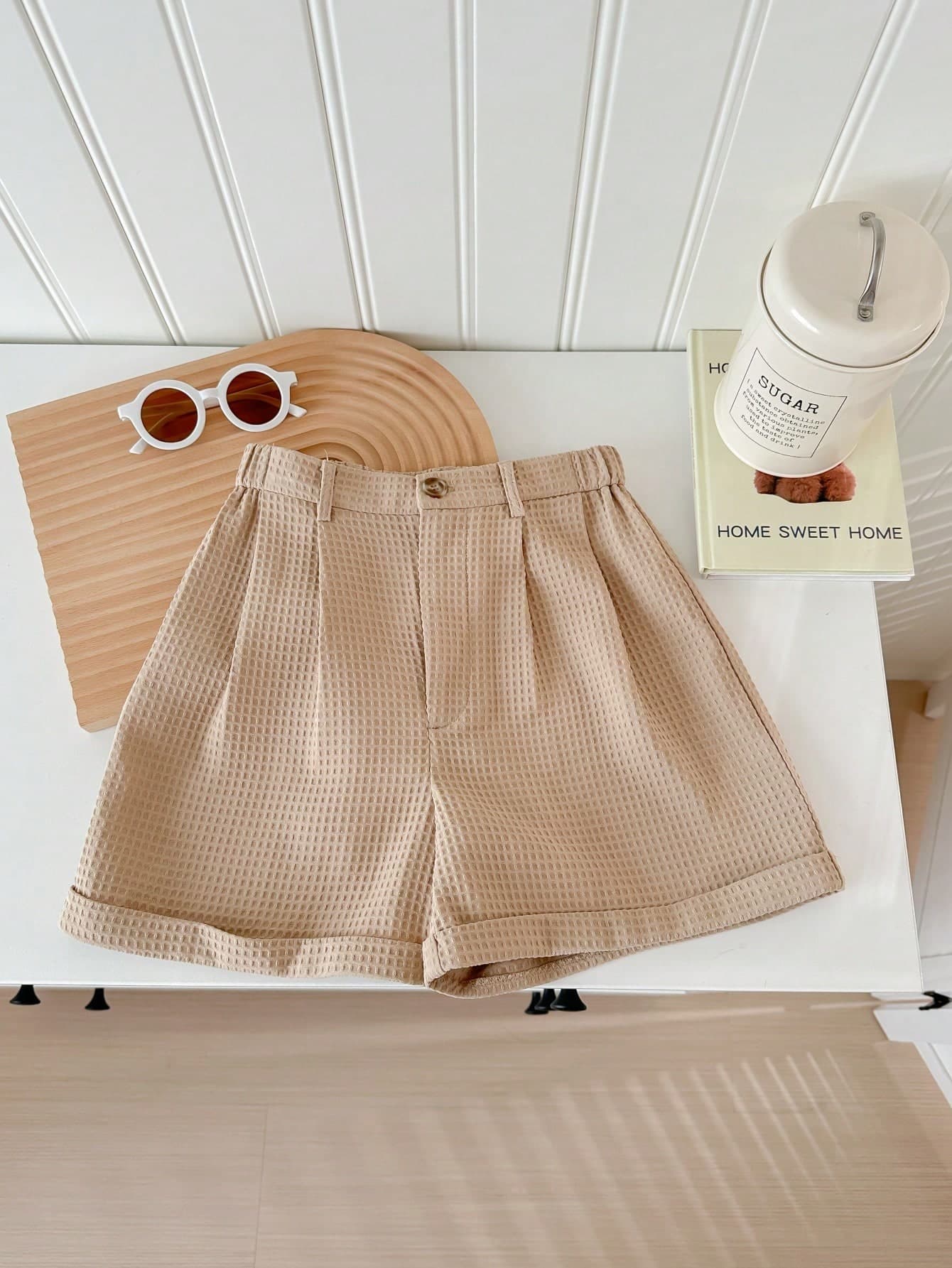 SHEIN LMoss Kids Solid Color Pleated Casual Straight Shorts For Tween Girls