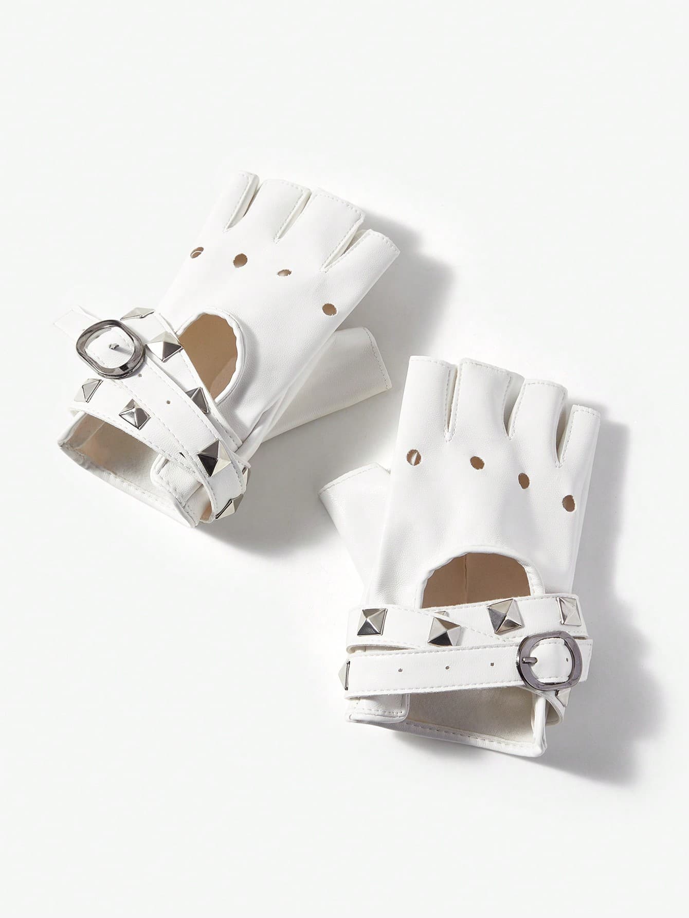 SHEIN ICON 1pair Women's Boho & Street, Distressed, Post-Apocalyptic Aesthetic, Metallic Rivet Detail Fingerless Gloves, Suitable For Casual Wear