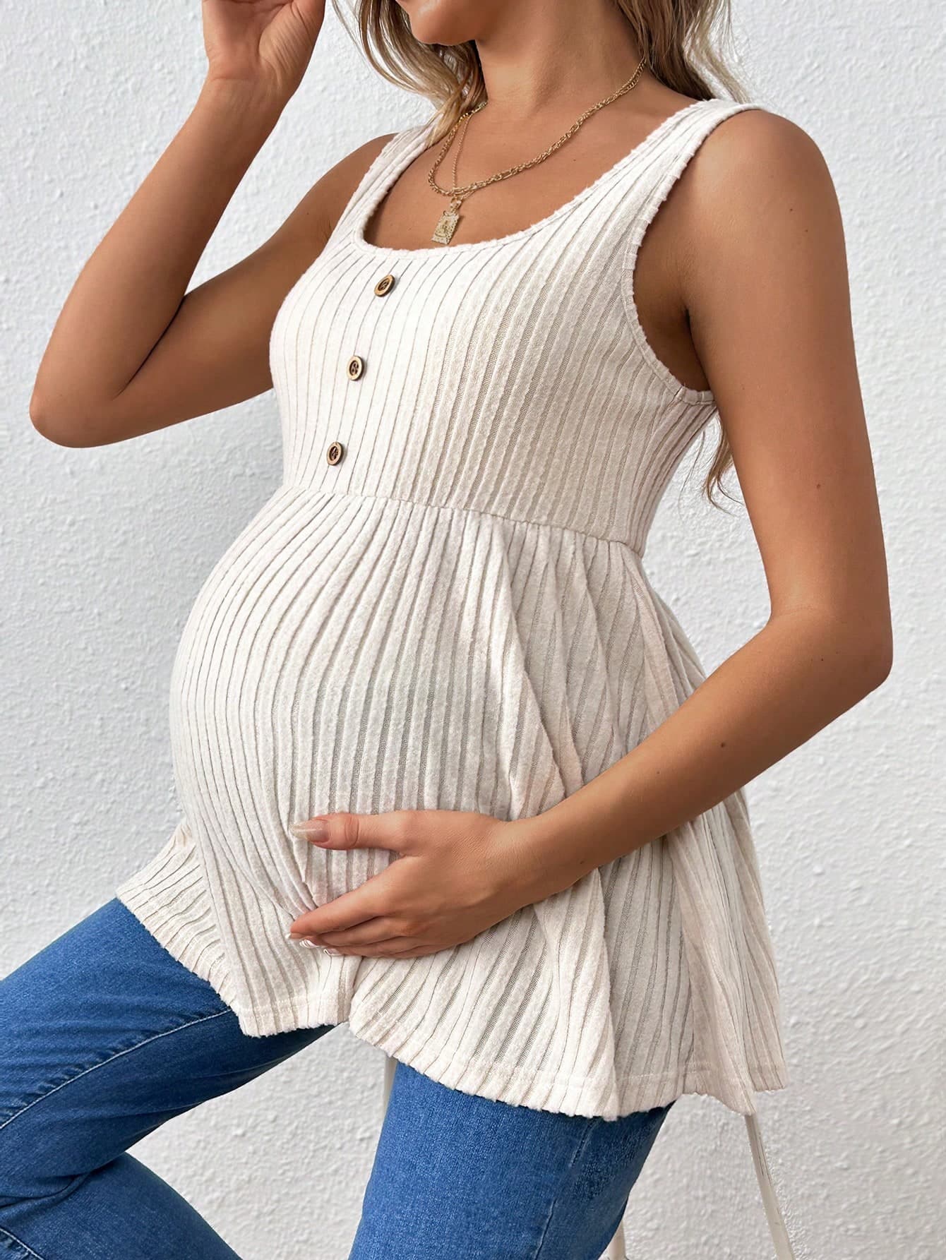 SHEIN Maternity Loose Fit Long Tank Top With Scoop Neck And Ribbed Design