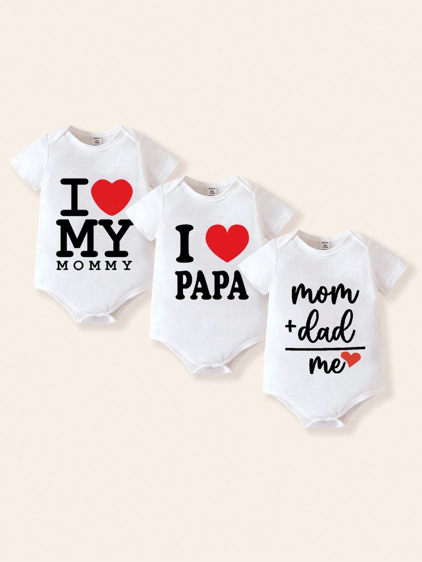 SHEIN Playful Pals White And Red 3pcs Newborn Baby Boy/Girl Mother's Day/Father's Day 'i Love Mom/Dad' Slogan Short Sleeve Summer Casual Cute Family Matching Bodysuit