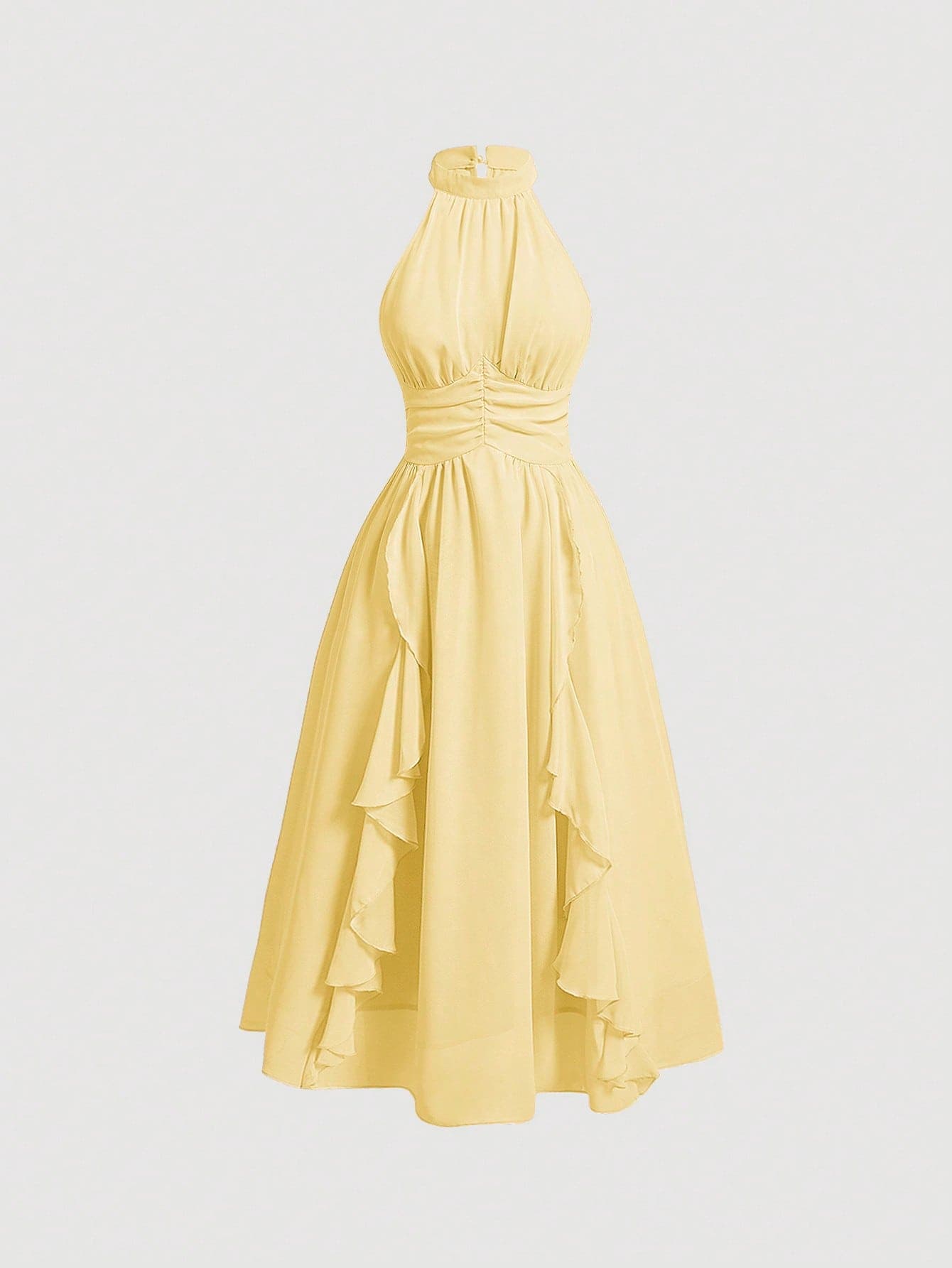 SHEIN MOD Solid Ruffle Trim Halter Neck Ruched Waist Pink Summer Dress,Pastel Dresses For Women, Wedding Guest Dress