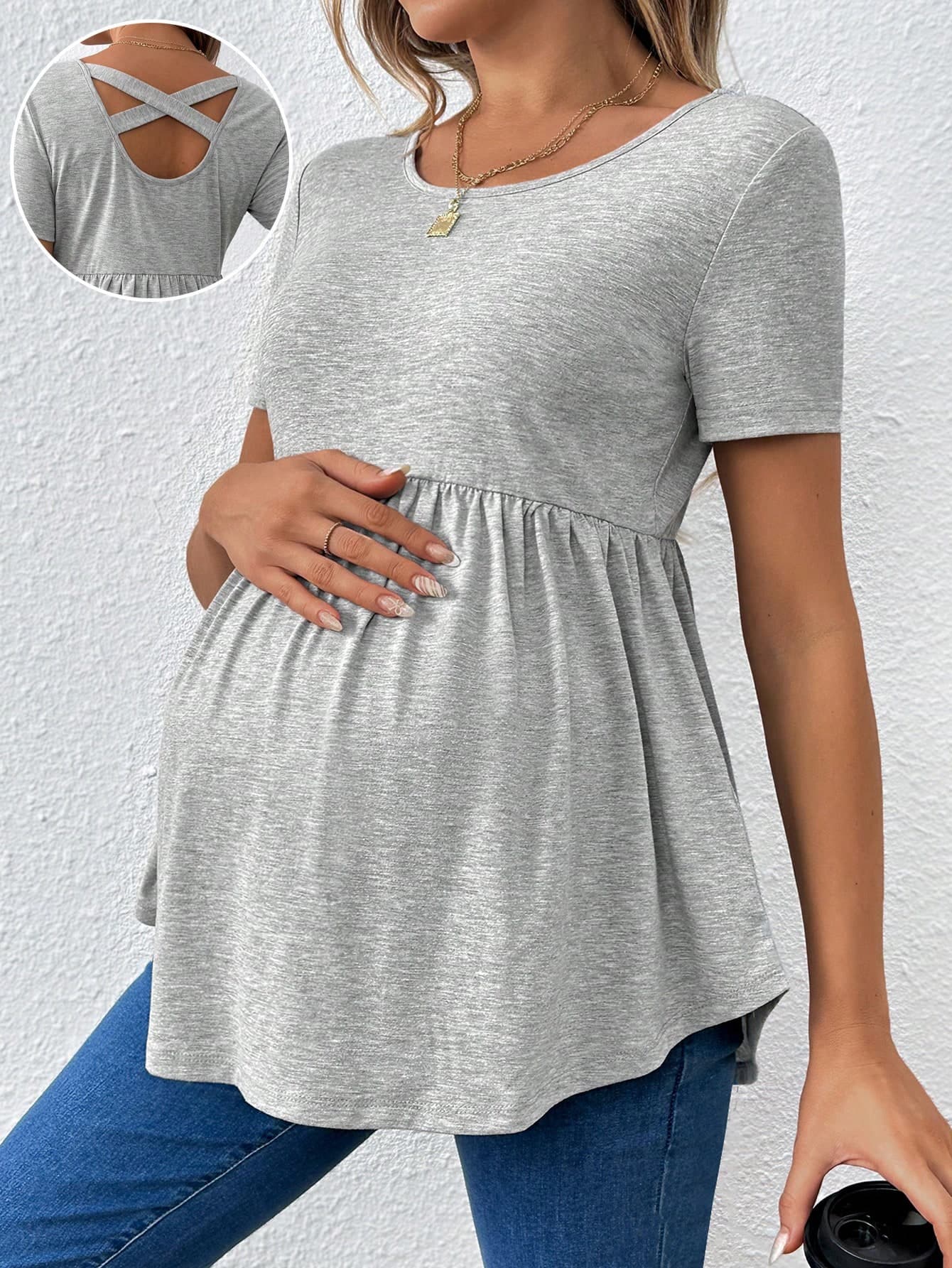 SHEIN Maternity Casual Back Cross Hollow Out Short Sleeve T-Shirt With Curved Hem World Cup