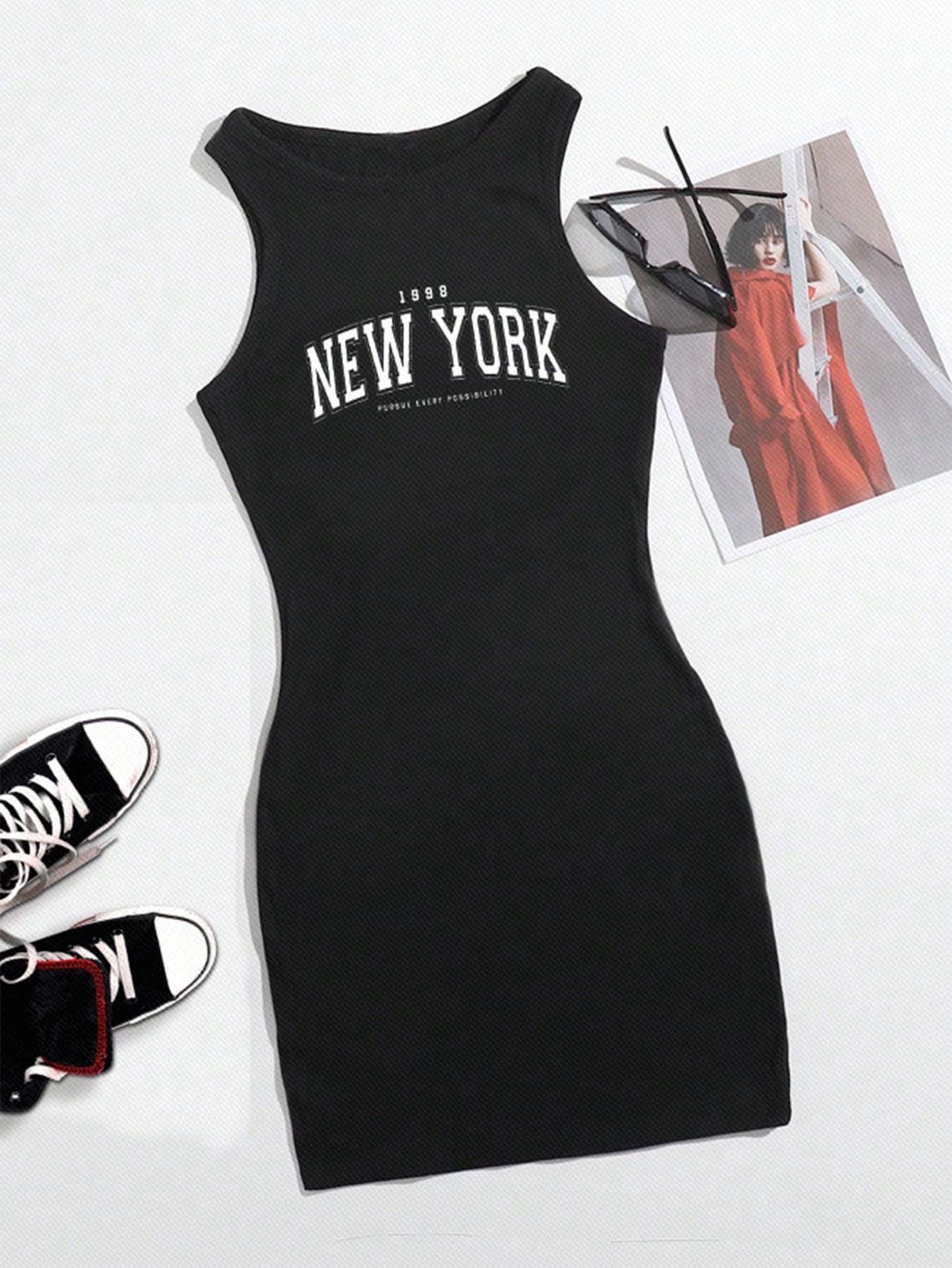 SHEIN EZwear Sexy Casual Minimalist New York Letter Print Round Neck Sleeveless Fitted Mini Dress For Women, Suitable For Summer