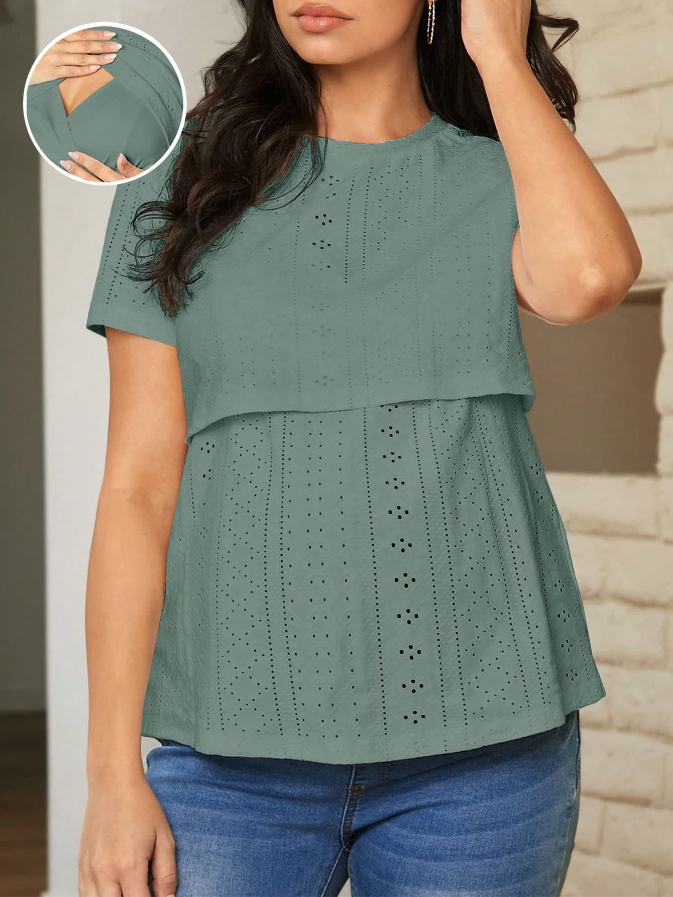 SHEIN Pregnant Women's Home Nursing Top Simple Round Neck T-Shirt For Maternity World Cup