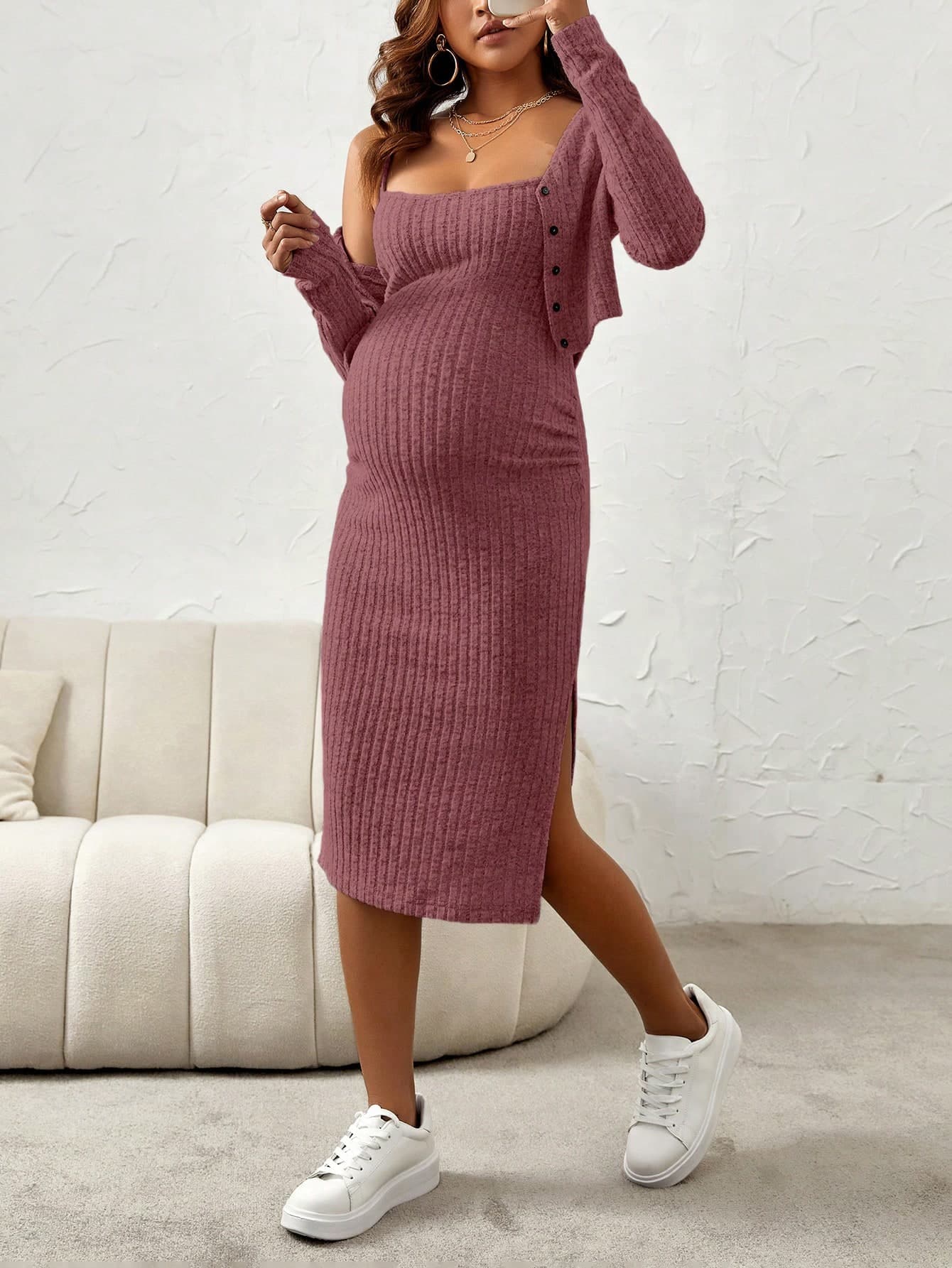 SHEIN Maternity Ribbed Split Hem Casual Tank Top And Button Front Coat