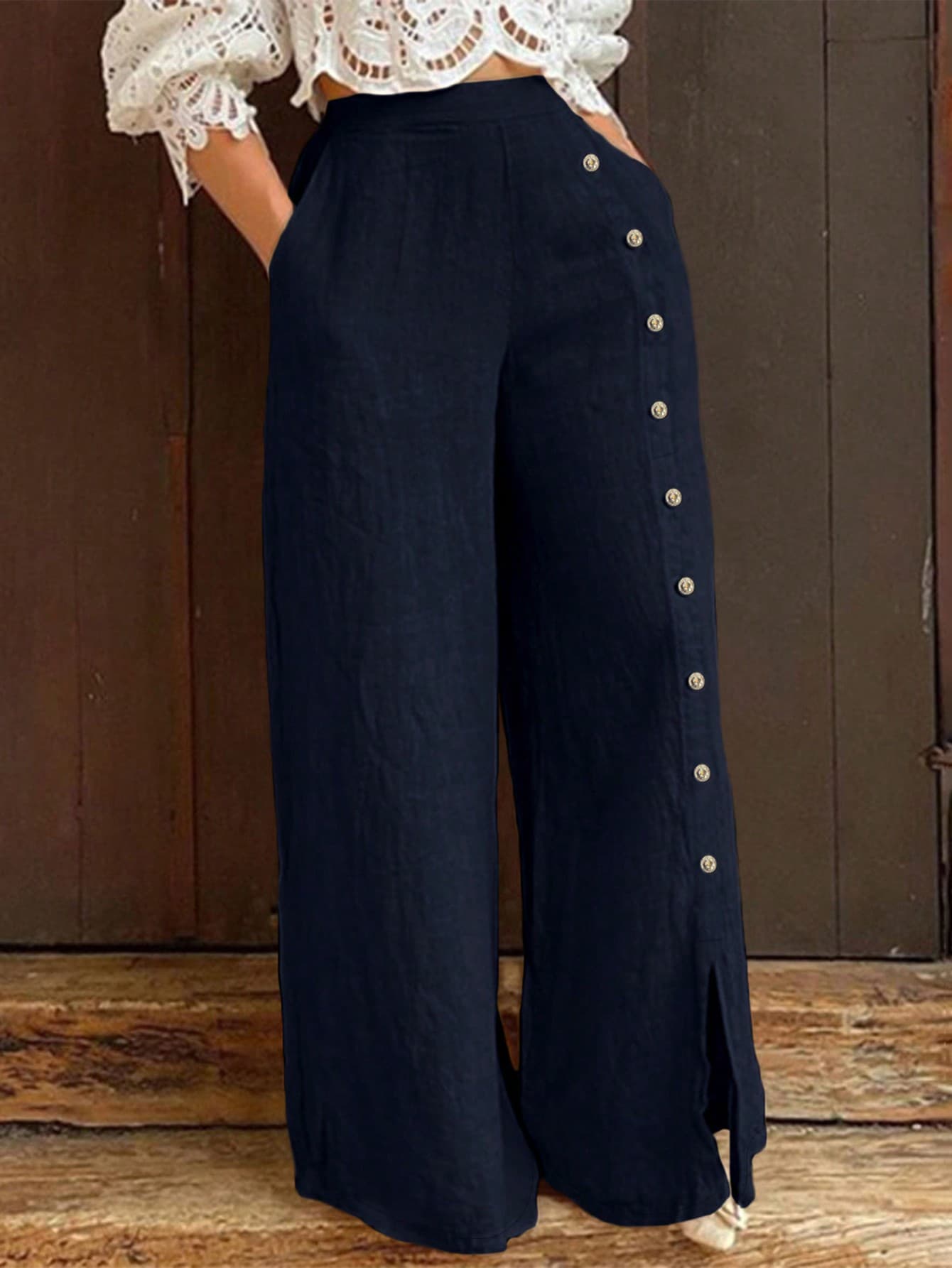 Jisfaneya Plus Size Women's Solid-Color, Minimalist, Everyday Casual Pants With Button Accents