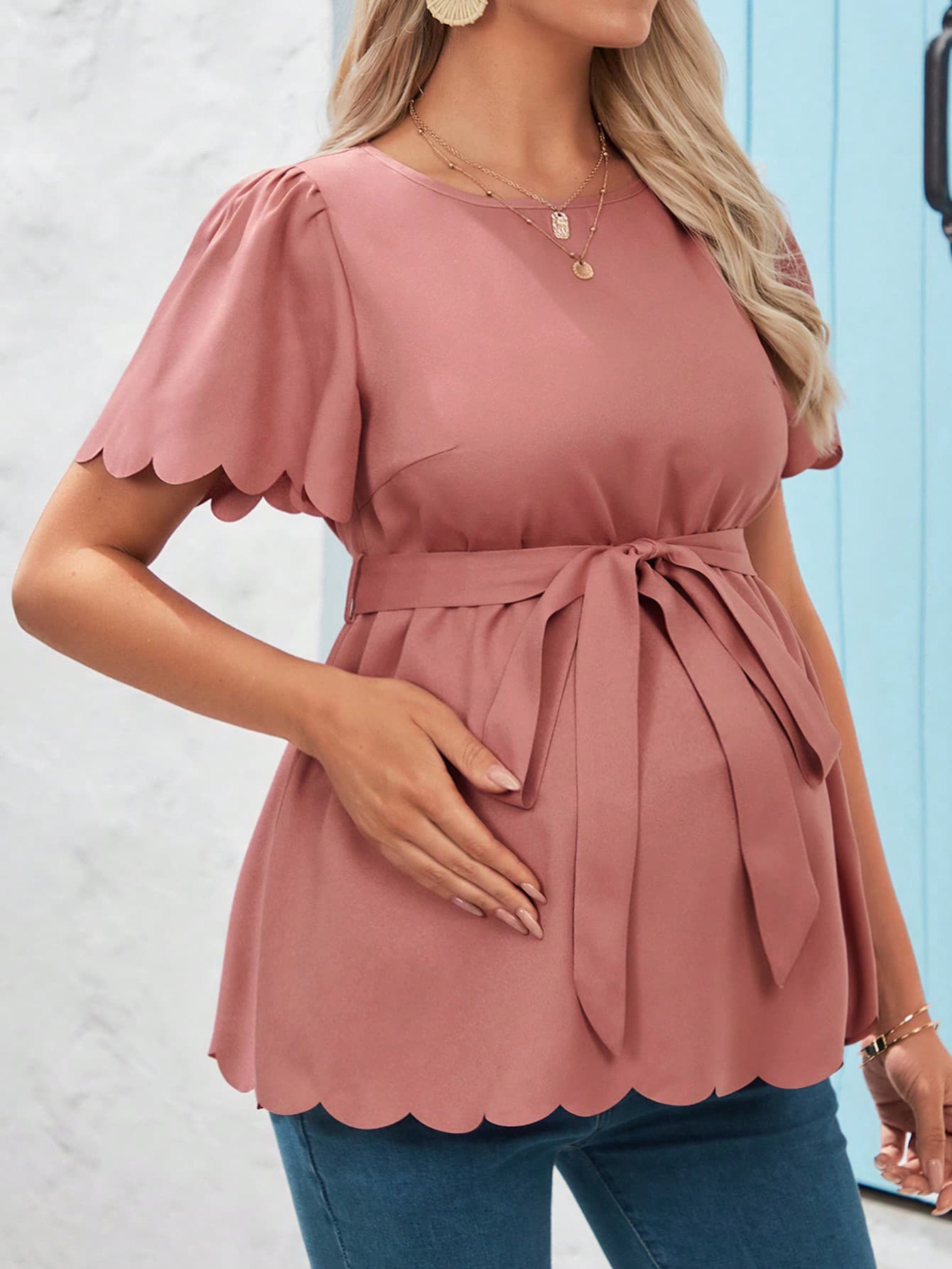 SHEIN Maternity Casual Flared Short Sleeve Shirt With Shell Bottom Hemline