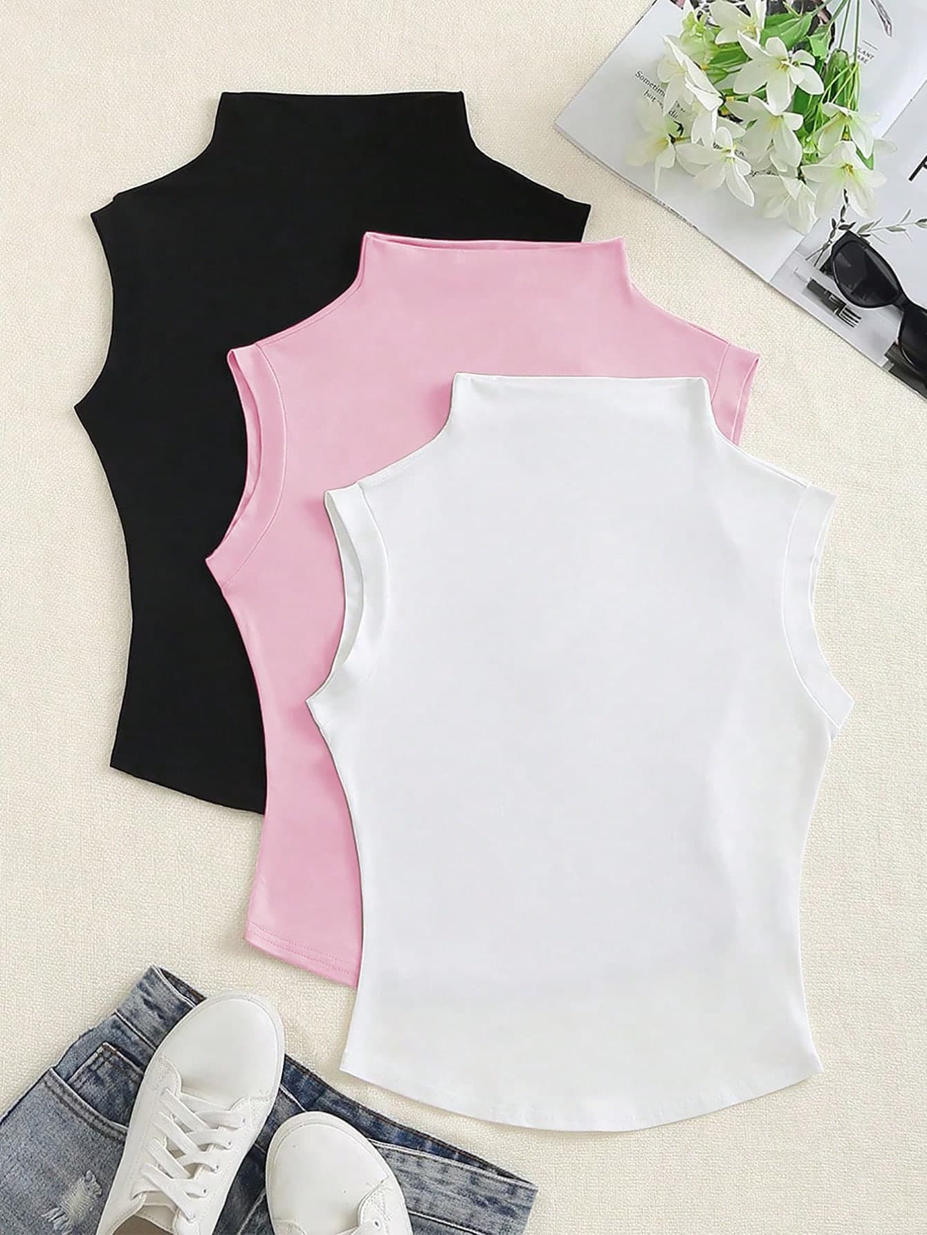Elamini Solid Color Slim Fit Basic Summer T-Shirt With Stand Collar