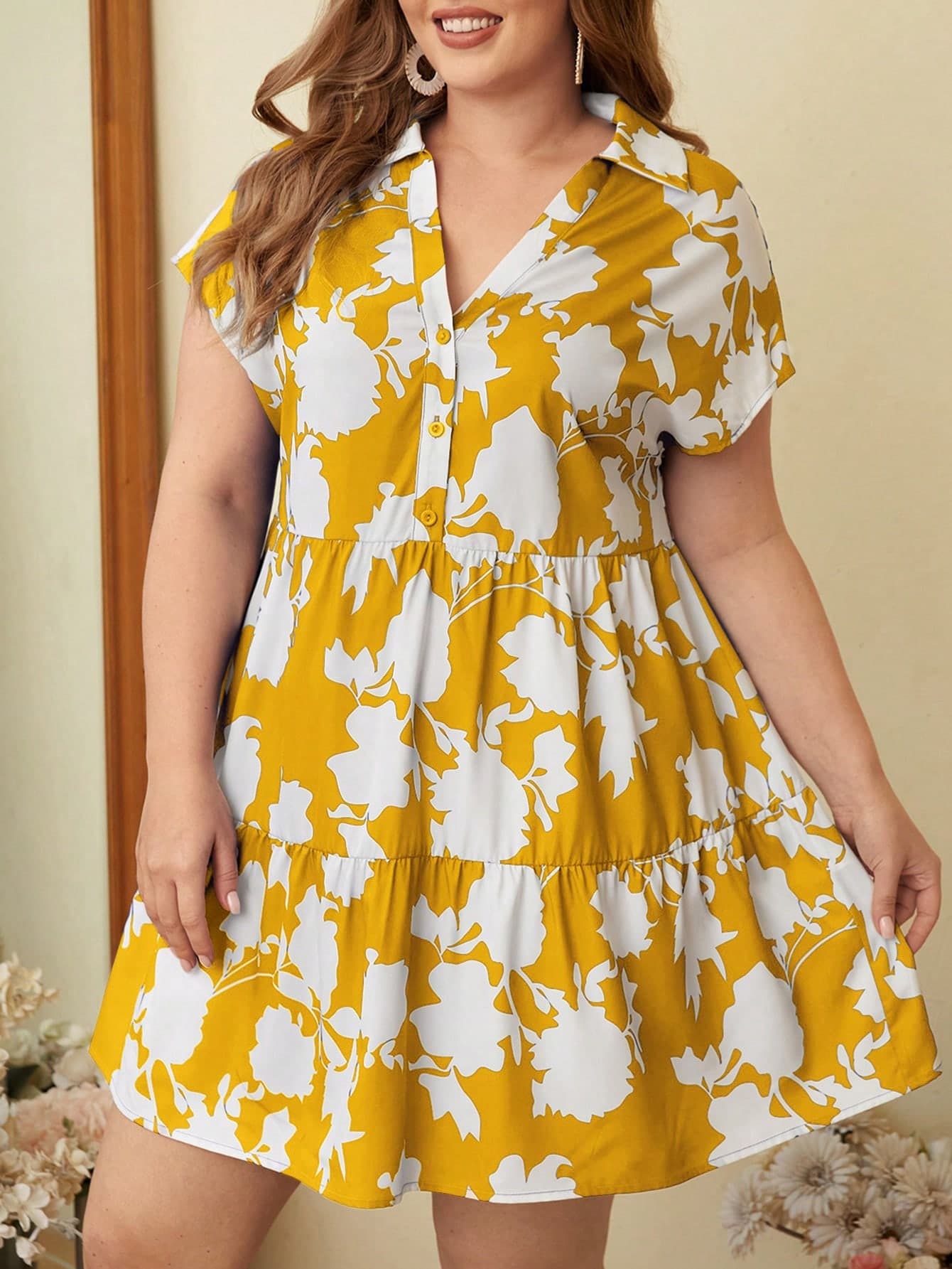 SHEIN VCAY Plus Size Boho Women's Loose Fit Floral Print Button Front Half Placket Ruffle Hem Midi Dress For Summer,Beach Dress Sundress,Holiday Outfits