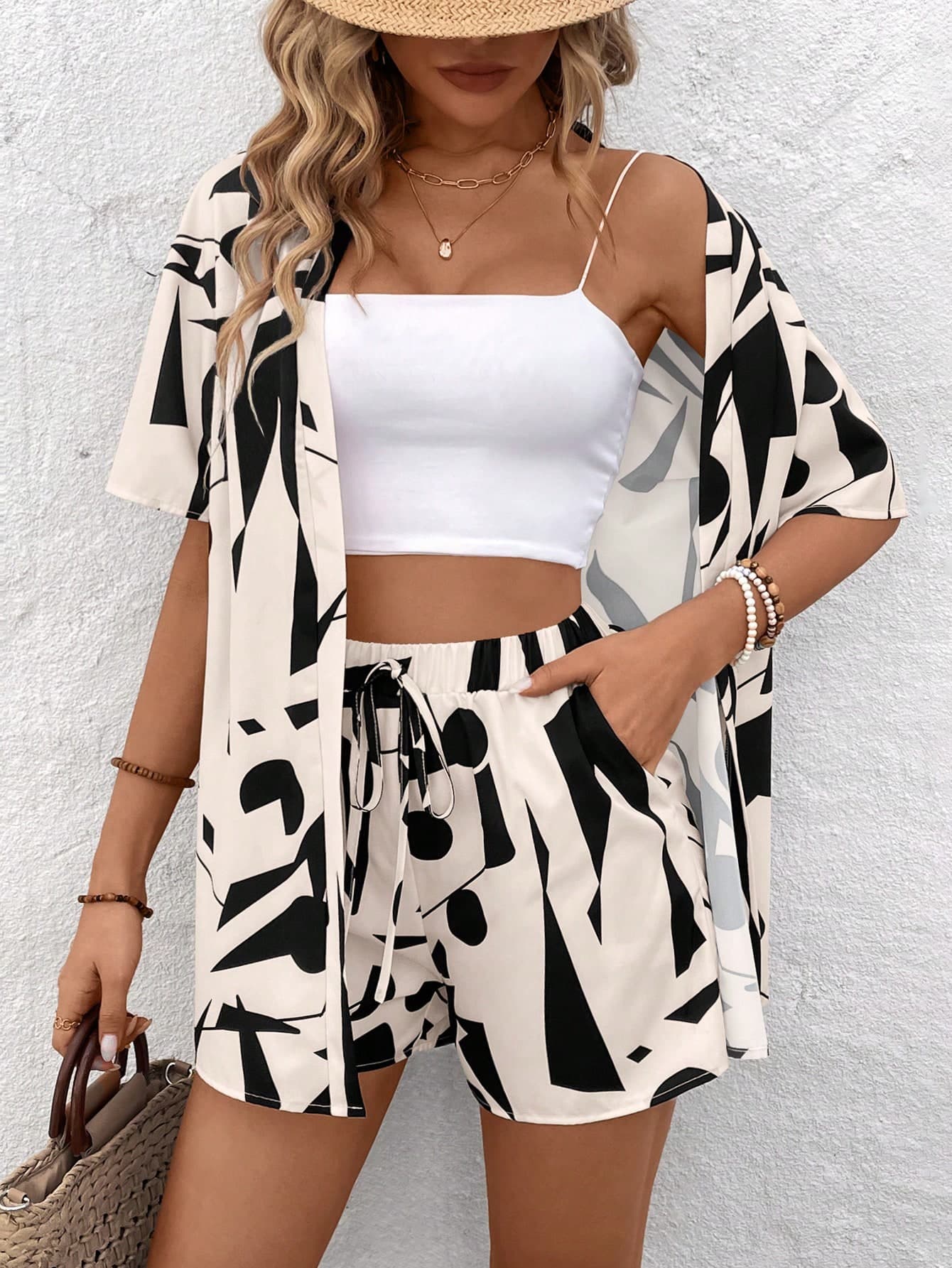 Breezaya Women's Printed Open Front Shirt And Shorts Set
