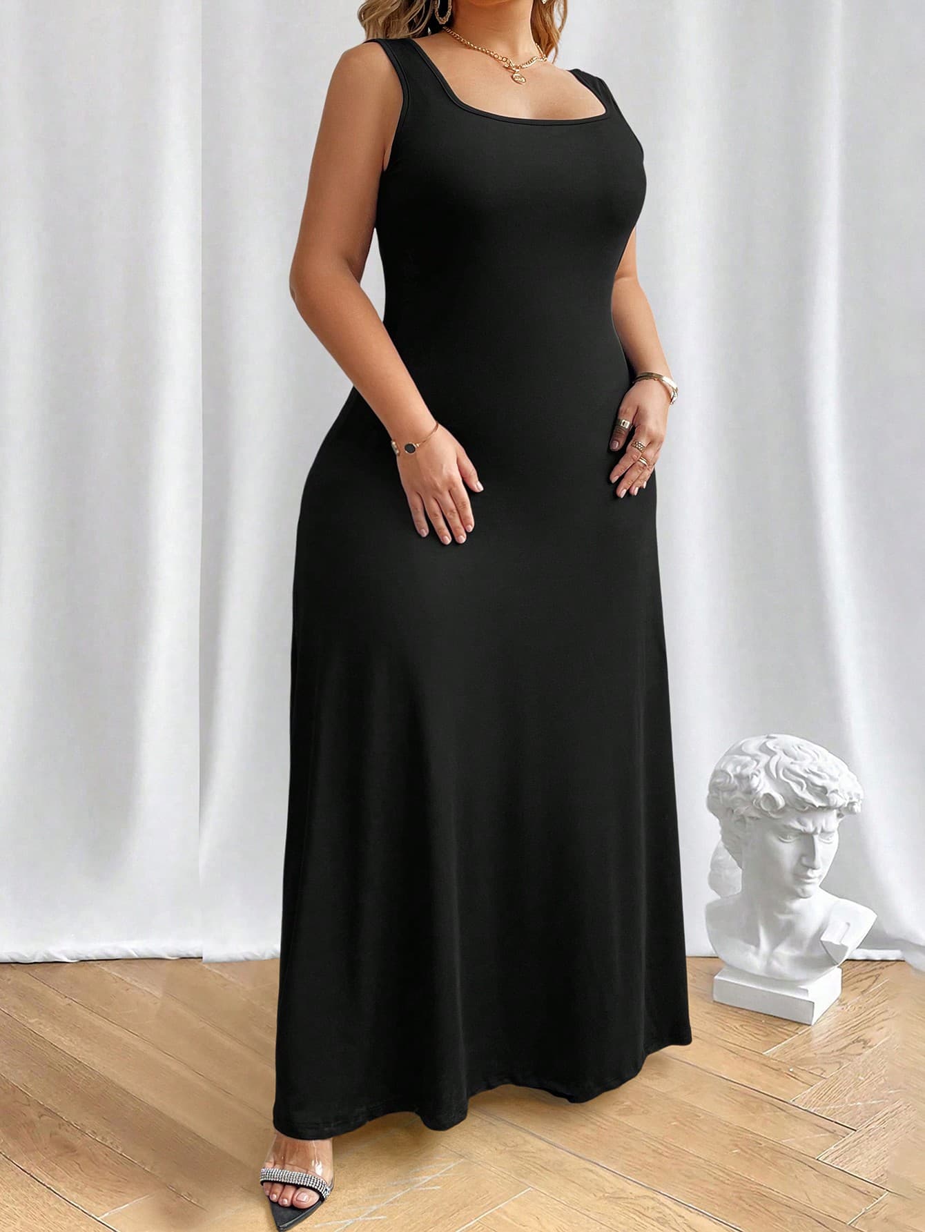 Elenzga Plus Size Solid Square Neck Sleeveless Dress Maxi Women Outfit