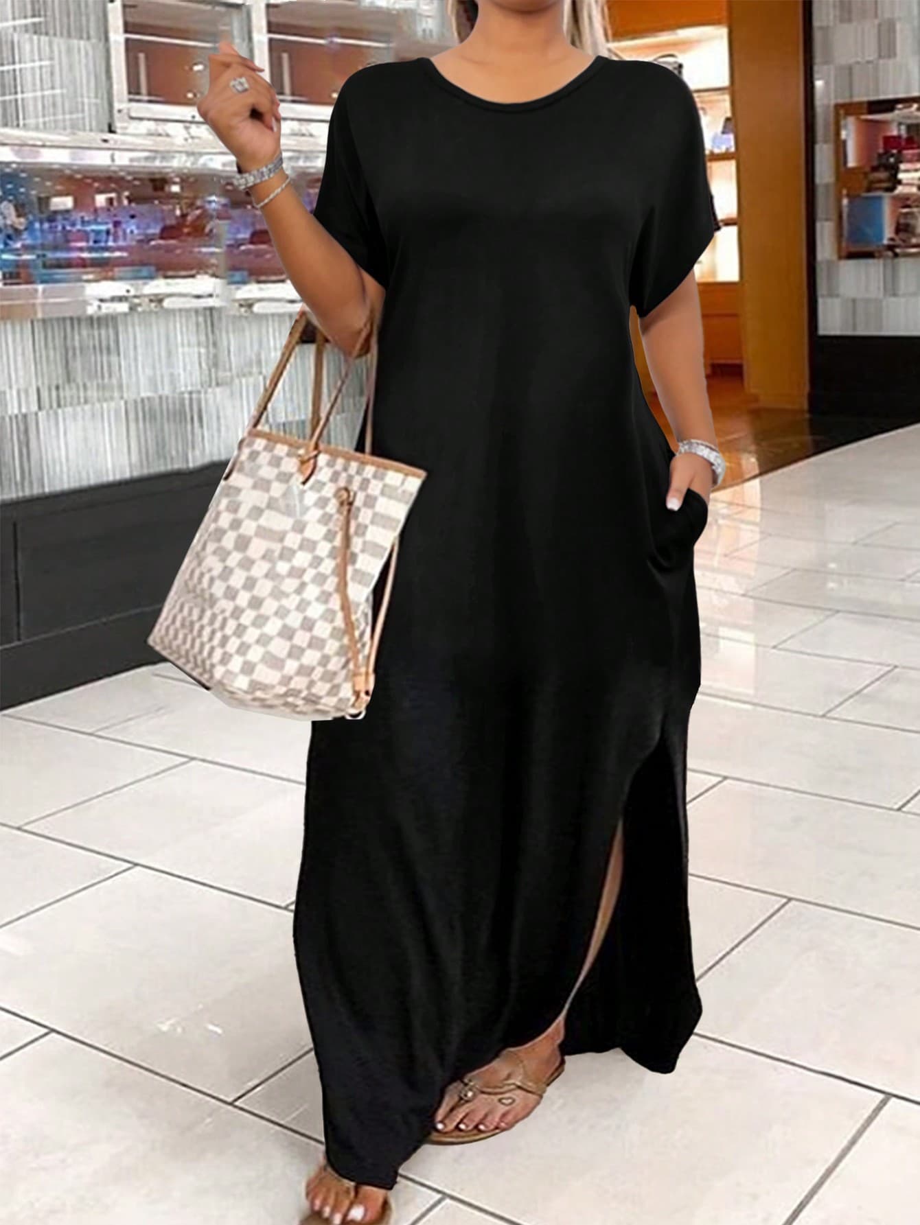 SHEIN EMERY ROSE CURVE Plus Size Women's Solid Color Round Neck Dress With Pockets Maxi Women Outfit