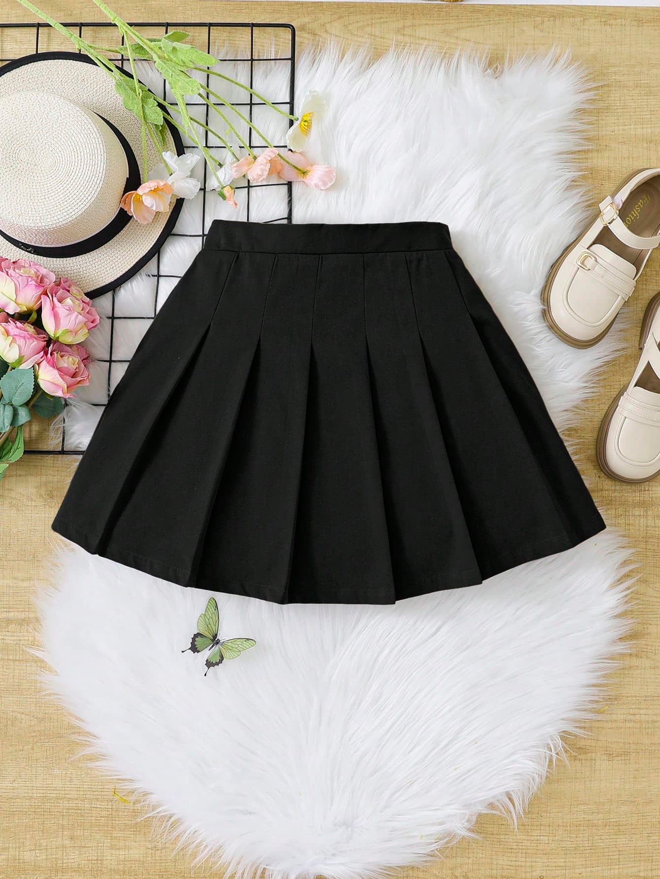 SHEIN Tween Girl Everyday Sweet & Cool Solid Color Pleated Woven Casual Skirt