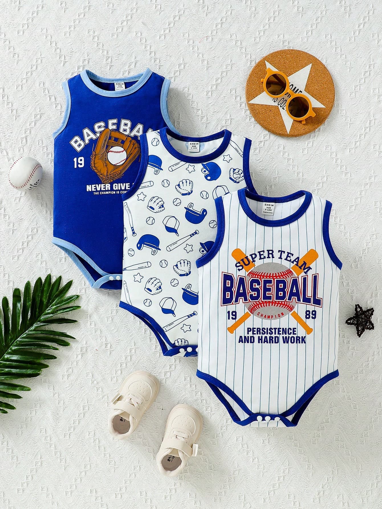 SHEIN Playful Pals Baby Boy 3pcs/Set Casual Sports Baseball Graphic Slogan Print Tank Bodysuit, Summer