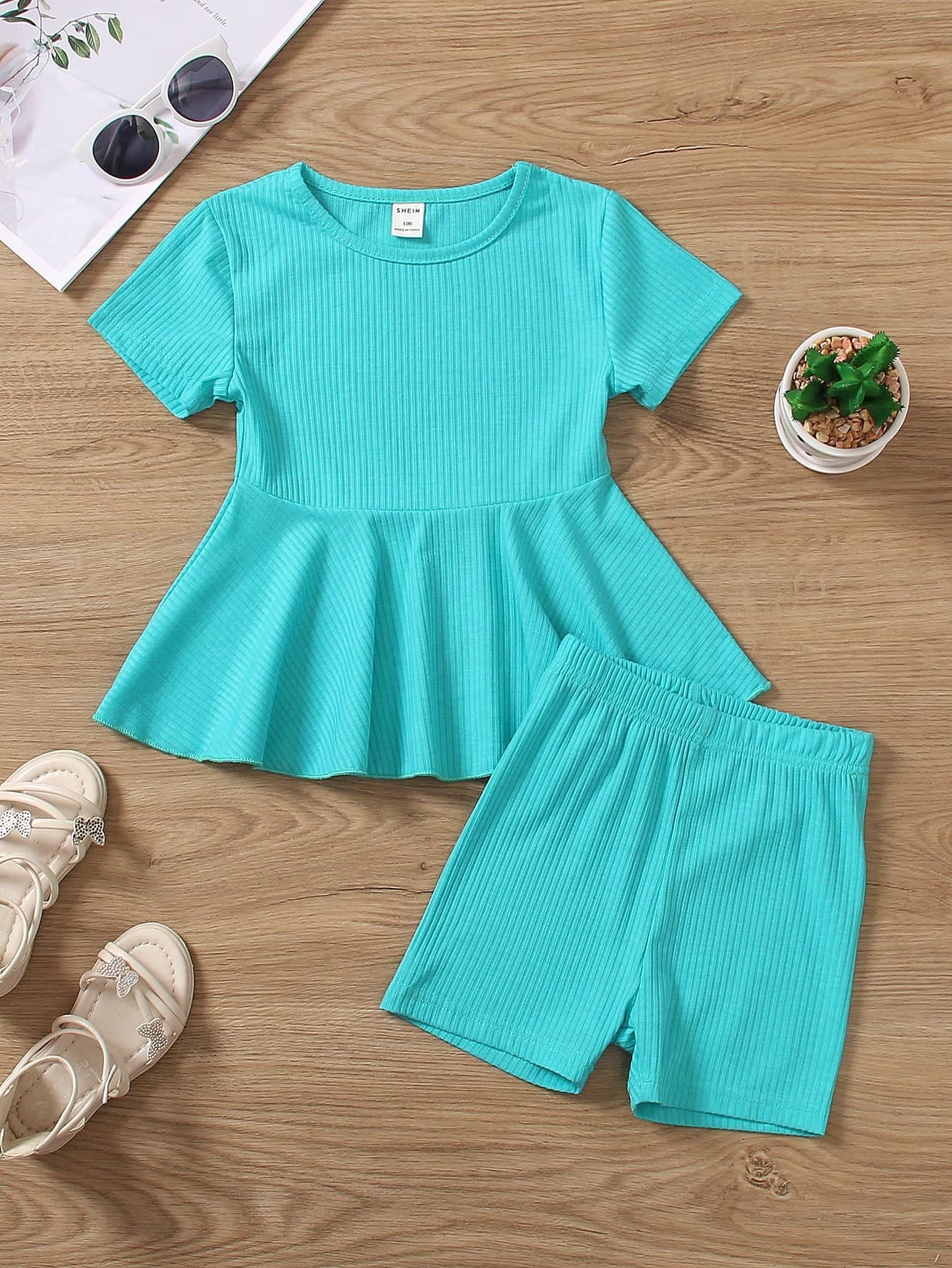 SHEIN Young Girl Summer Casual Striped Short Sleeve Top And Shorts, School, Campus, College