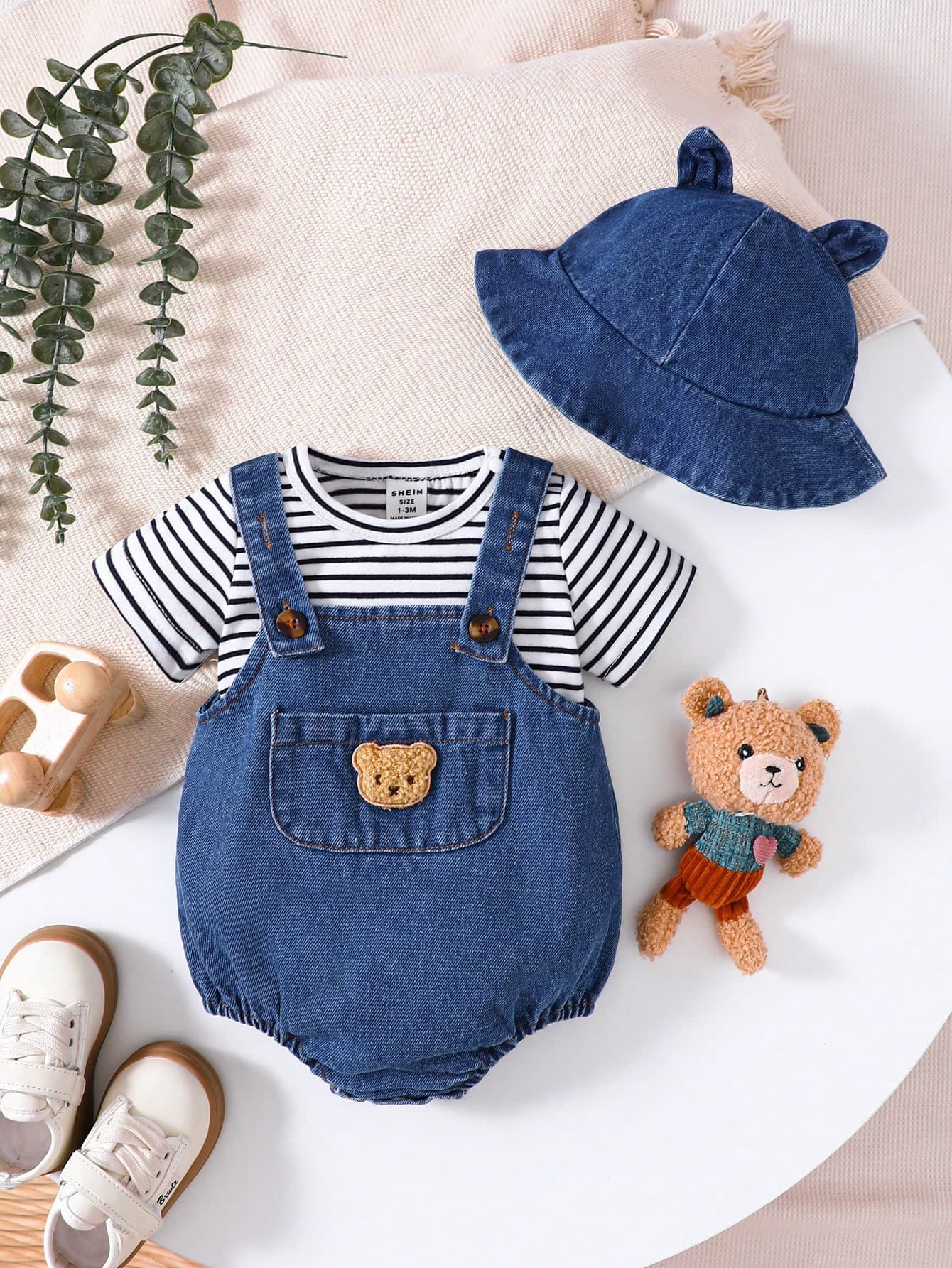SHEIN Playful Pals Baby Boy's Casual Striped Short Sleeve T-Shirt And Plush Bear Suspender Shorts Set, Summer