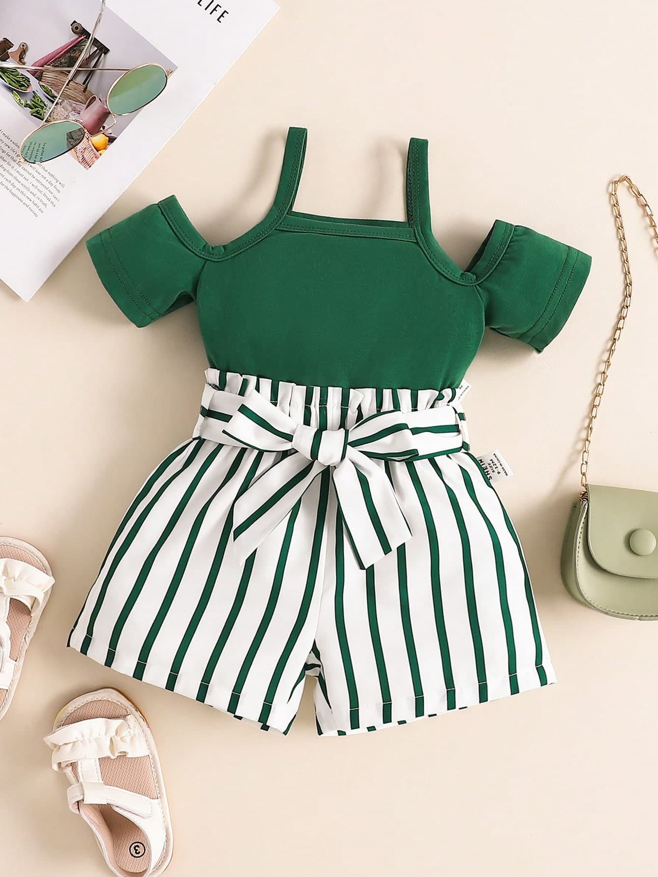 SHEIN Baby Girl 3pcs/Set, Casual & Elegant Green Camisole With Striped Shorts Outfit For Daily Wear, Spring & Summer