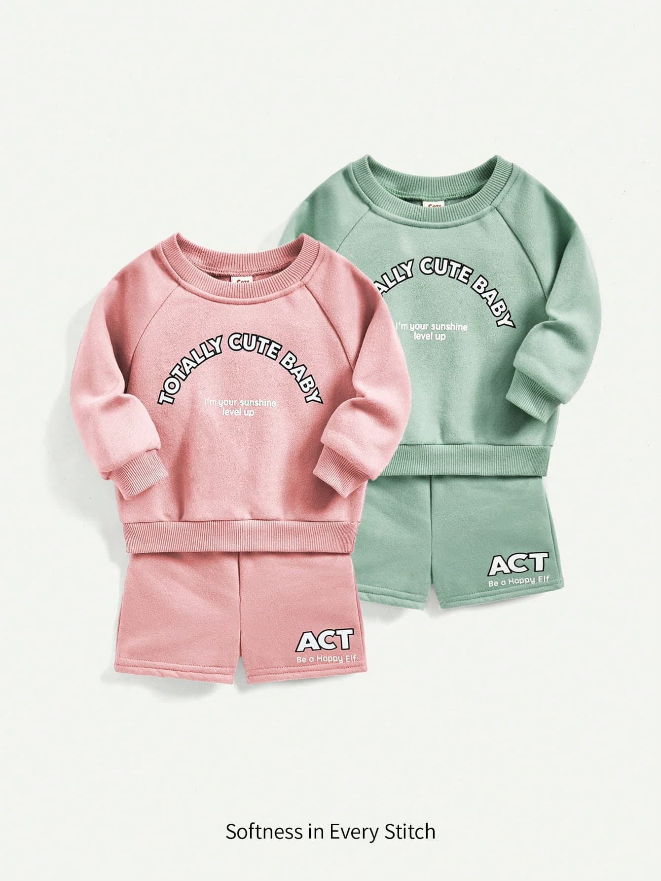 Cozy Pixies 4pcs Baby Girls' Letter Pattern Sports Style Raglan Sleeve Sweatshirt & Shorts Set Matching Set