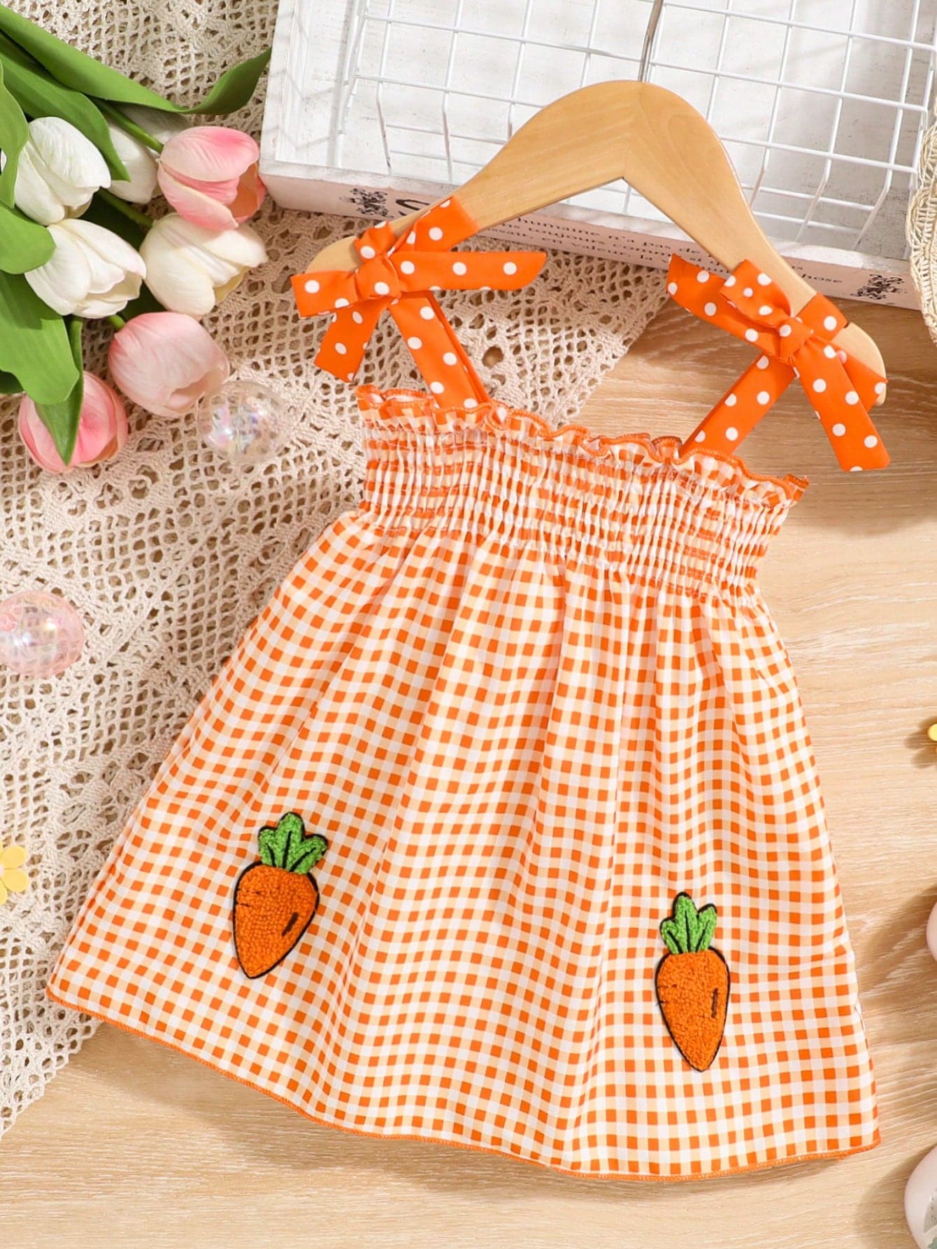 SHEIN Baby Girl Spring/Summer Casual Cute Checkered 3d Towel Embroidered Carrot Dress