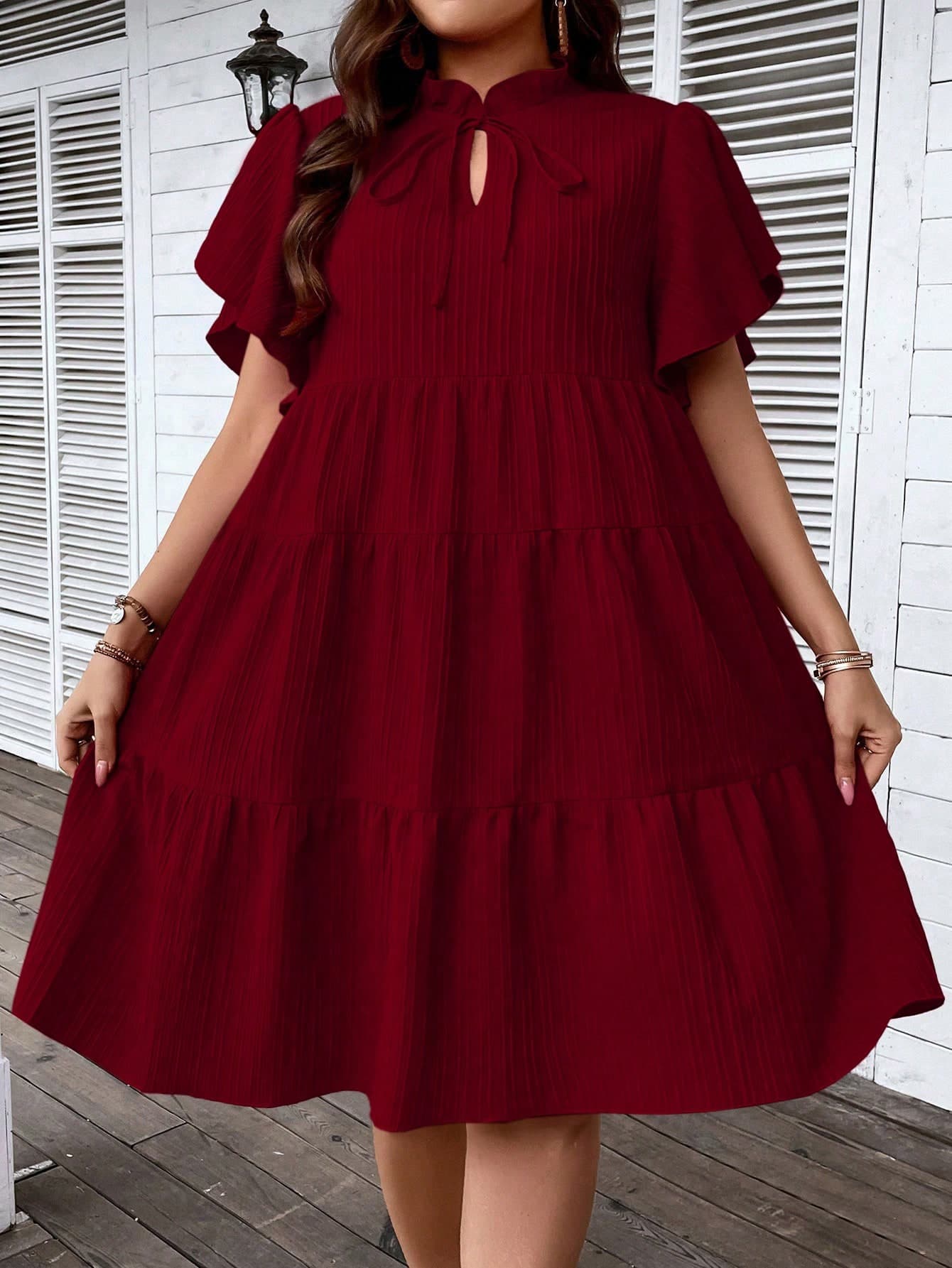 SHEIN Clasi Plus Size Summer Casual Tie Neck Textured Ruffle Hem Midi Dress, For Christmas Burgundy Color Women Outfit