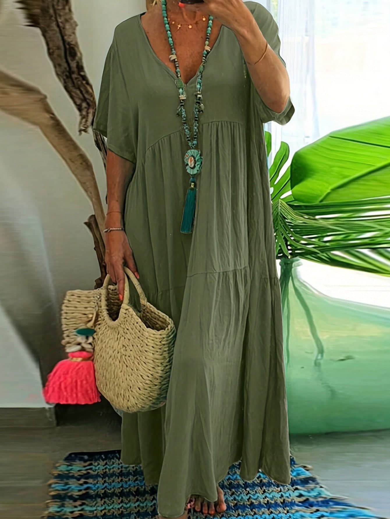 Plus Size Women's Casual Loose V-Neck Solid Color Long Dress, Summer Elegant