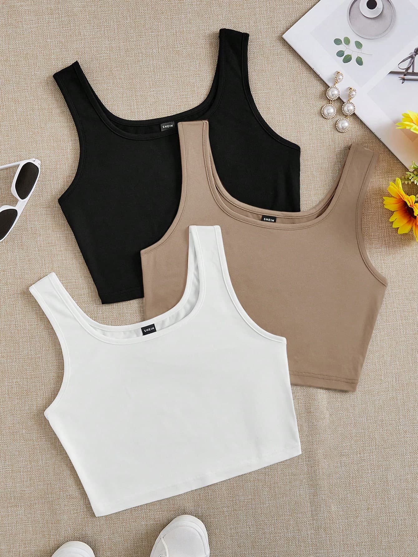 SHEIN EZwear 3pcs Black, White, Gray Round Neck Super Short Casual Fitted Tank Tops For Women, Suitable For Summer