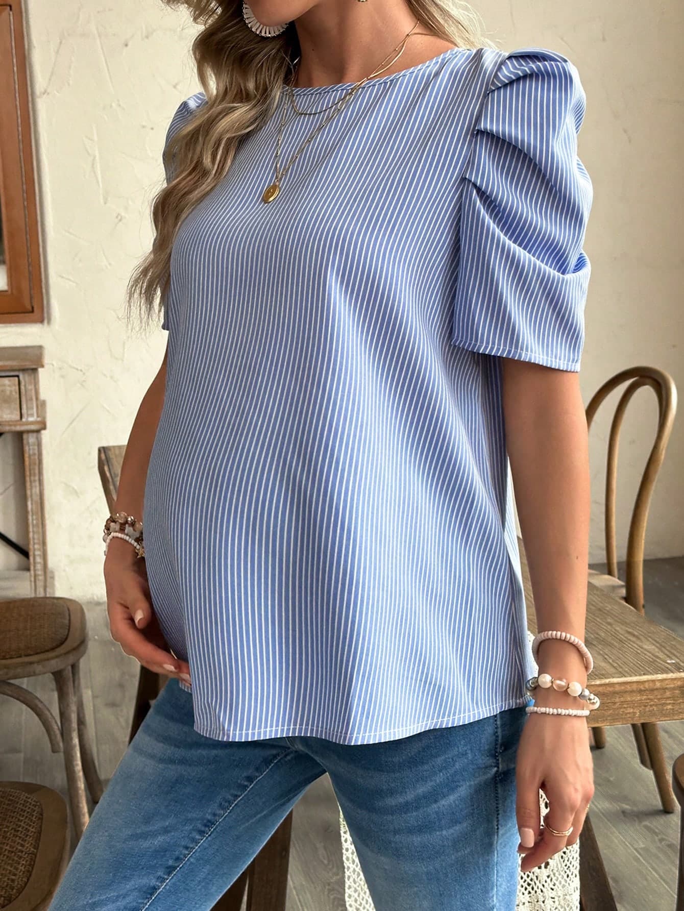Momance Maternity Vertical Striped Short Sleeve Shirt