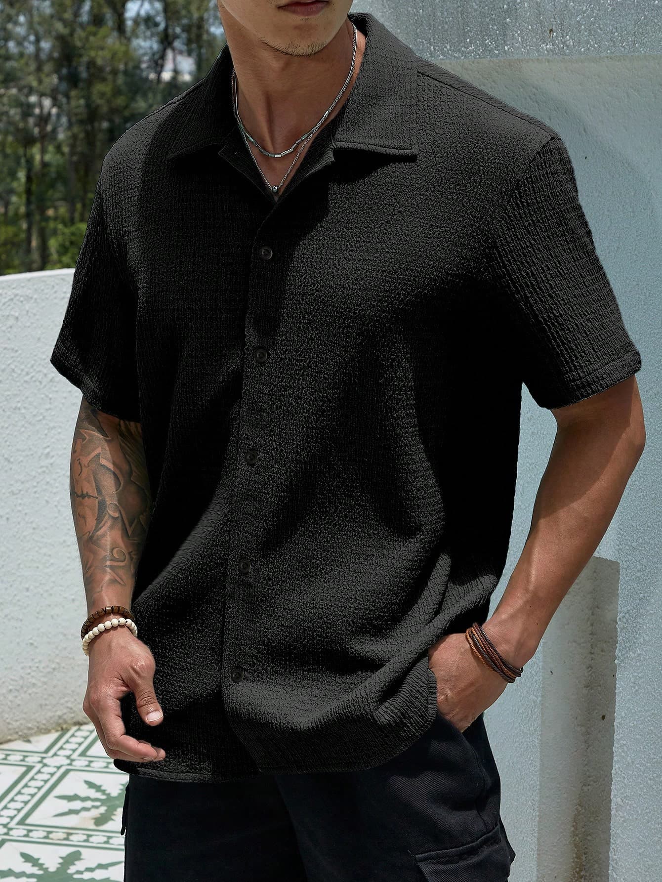 Manfinity Homme Men's Casual Black Summer Shirt Setpcs Drop-Shoulder Loose-Fit Short-Sleeve Knit Pleated Textured Jacquard Button-Front,City Break Hawaiian Beach
