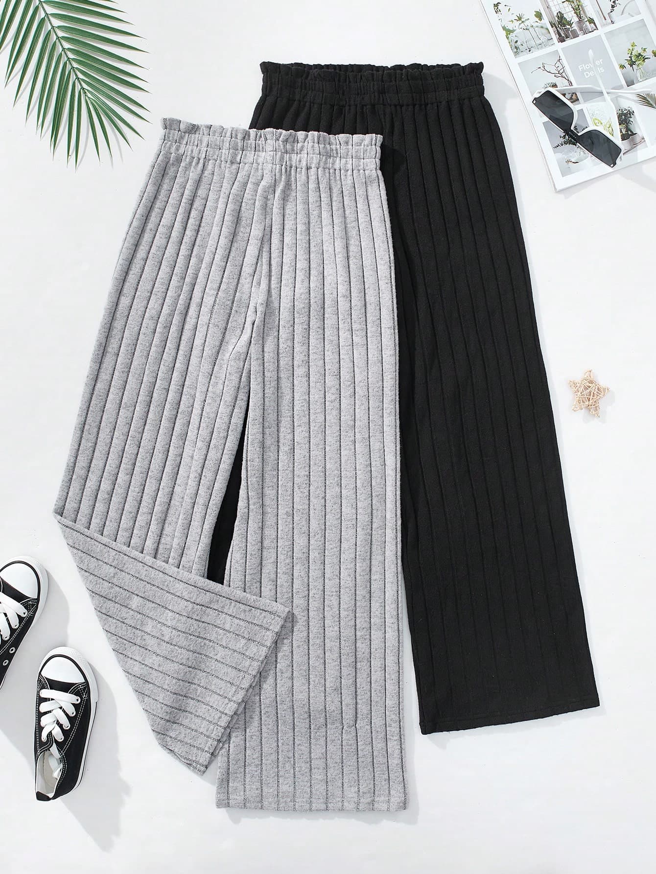SHEIN Vintaside Kids Tween Girl 2 Pieces Of Soft And Comfortable Straight-Leg Pants In Black And Grey-Green