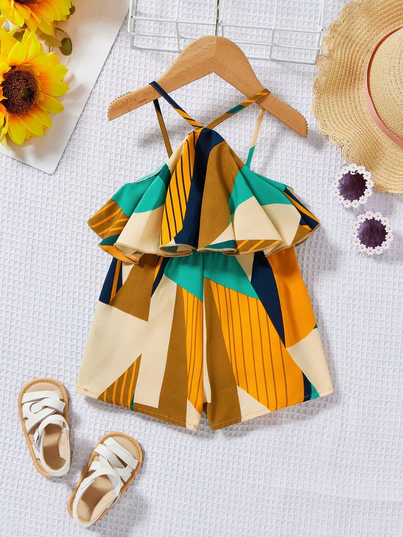 SHEIN Leap Crew Young Girl Woven Geometric Pattern Casual Vacation Cinched Waist Romper