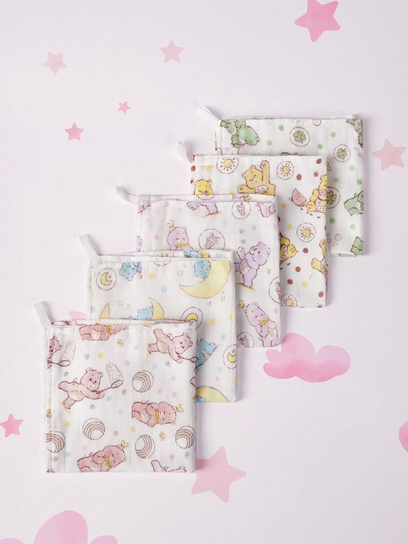 SHEIN X Care Bears 5pcs/Set Natural Bamboo Fiber Burp Cloths, Washcloths, Multipurpose Muslin 30*30cm GIFTS[Oeko-Tex]