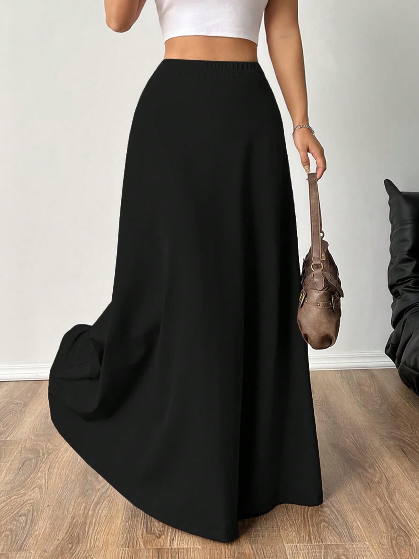 SHEIN EZwear Women Elastic Waist Solid Color Long A-Line Skirt,Ladies Casual Asymmetrical Maxi Regular Fit Natural Black Plain Skirts,Summer Basic Daily Wear Date