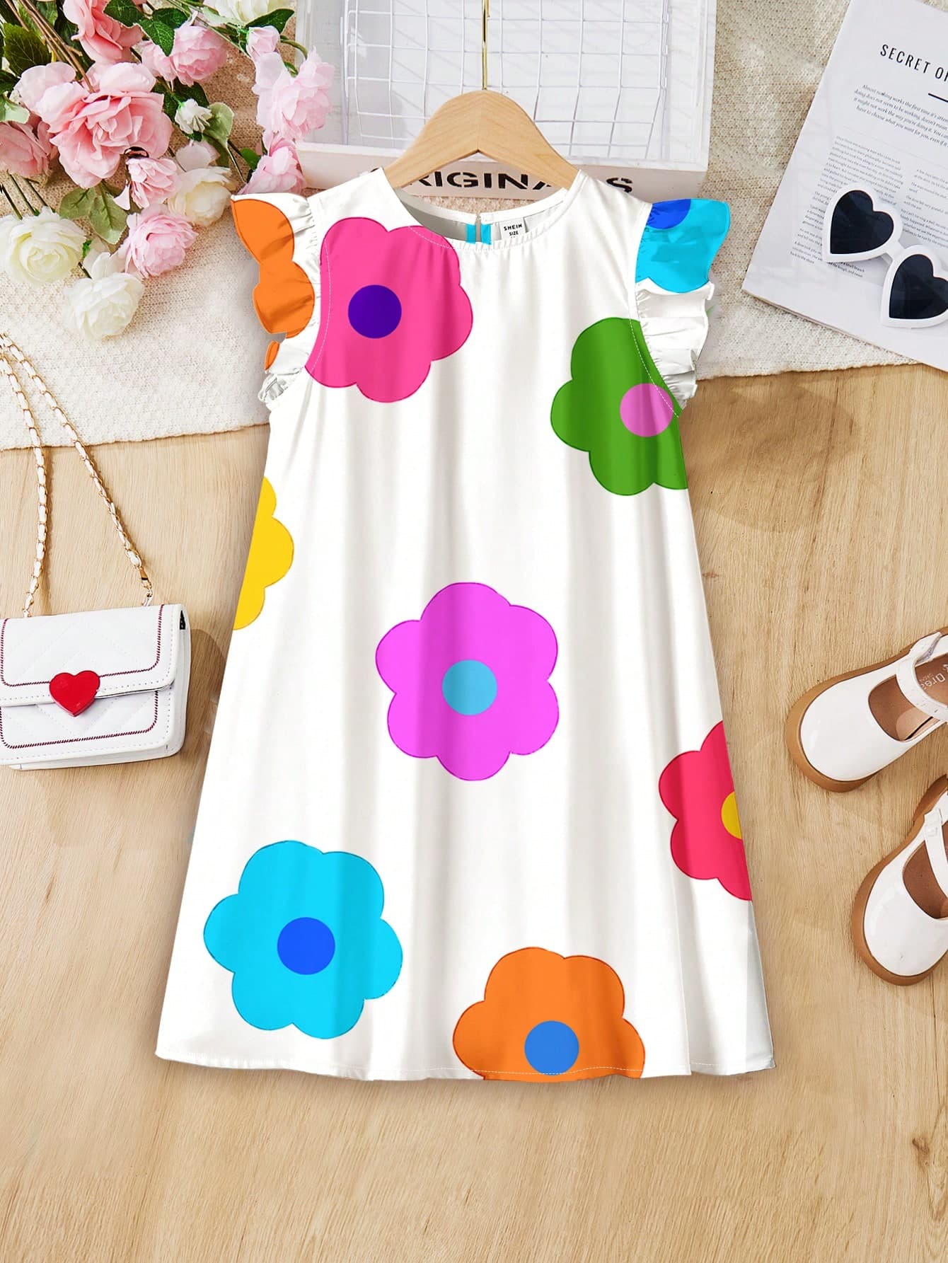 SHEIN Leap Crew Tween Girl Casual Simple Cartoon Floral Print Ruffle Sleeve Dress Suitable For Summer