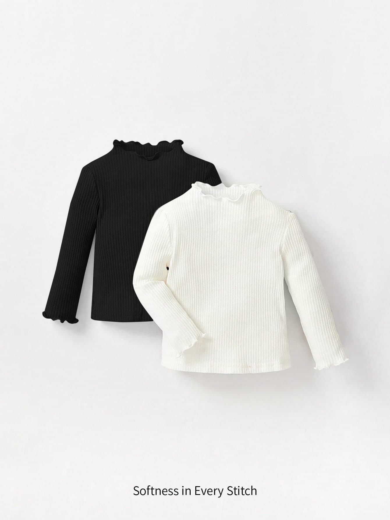 Cozy Pixies Baby Girls' Double-Layer Stand Collar Plain Long Sleeve Top With Ruffled Edge, 2pcs/Set